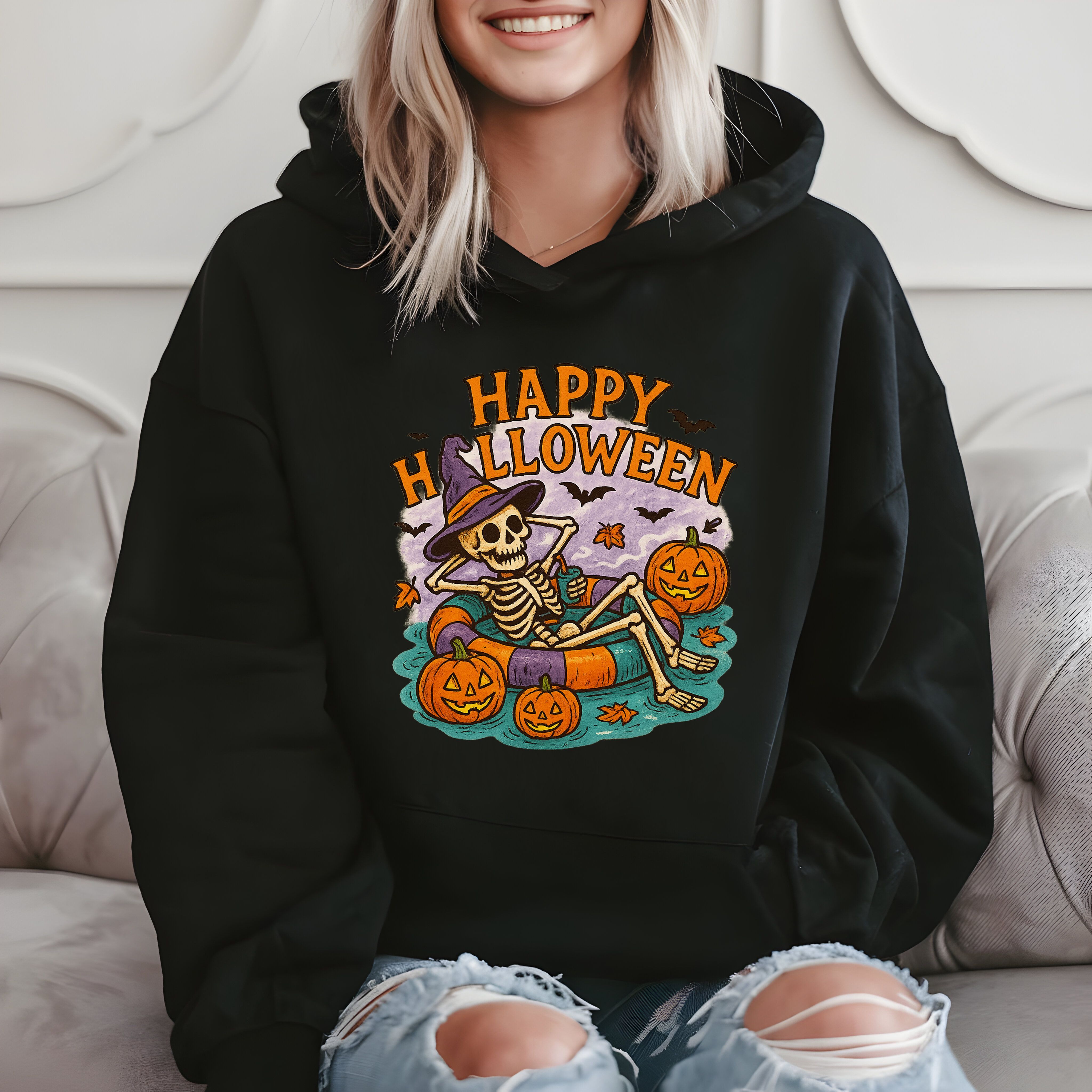Happy Halloween Funny Skeleton Gift, Spooky Pumpkin Style Hoodie product image 2