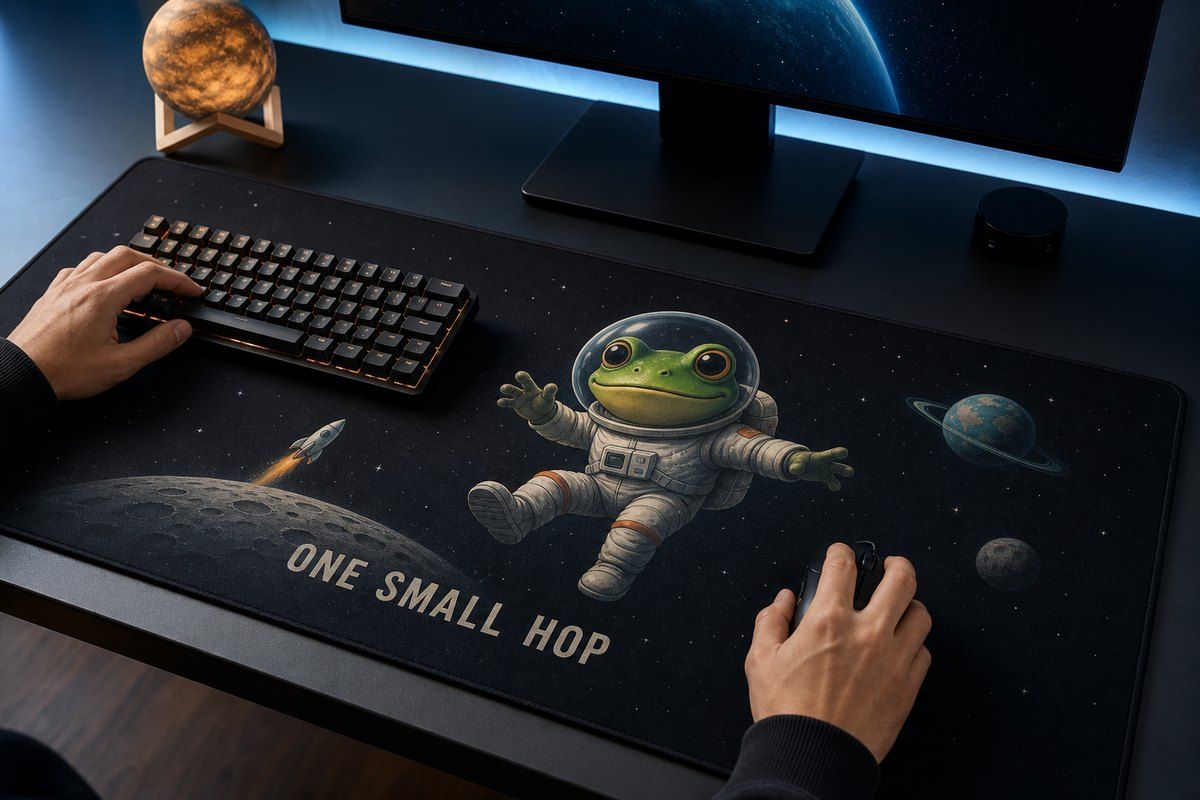 Frog Astronaut One Small Hop Large Desk Mat – Gaming Mouse Pad for Office Setup, frog lover gift / funny animal product image 1