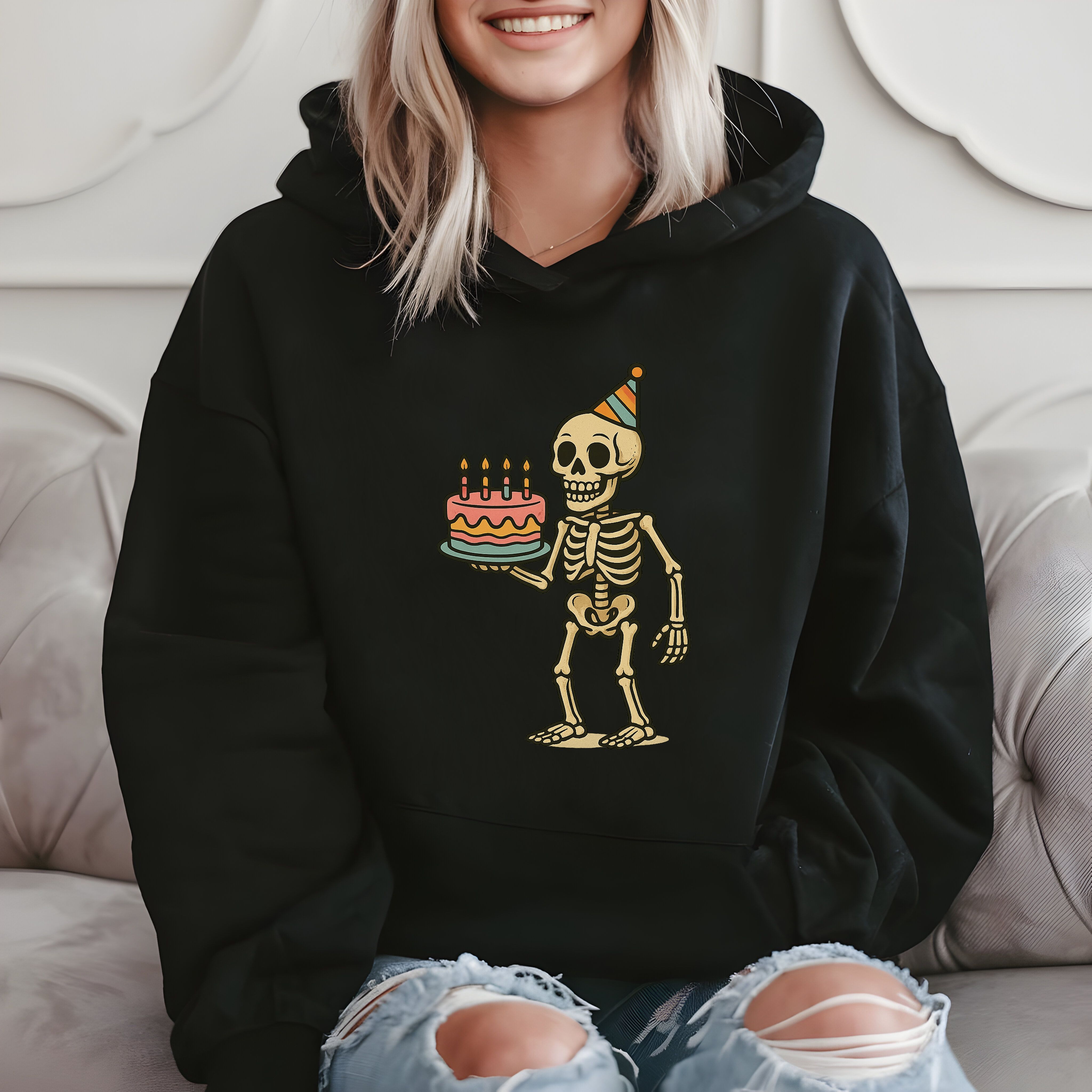 Skeleton With Birthday Cake And Party Hat Funny Gift Hoodie product image 2