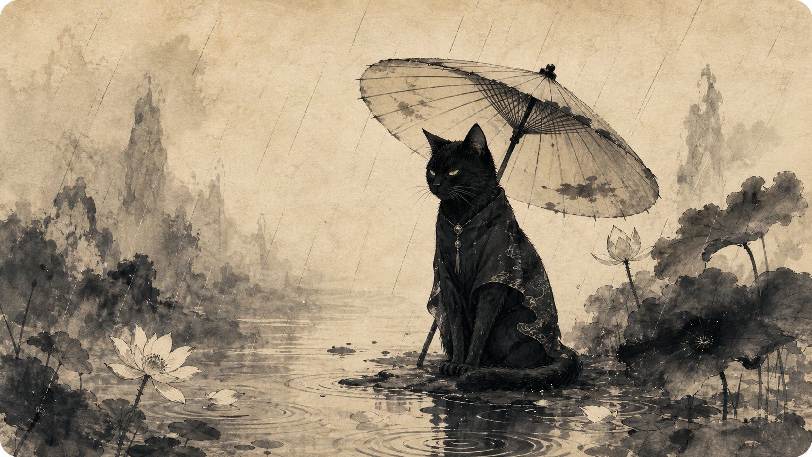Black Cat Rain Oracle Sumi Ink Desk Mat product image 1