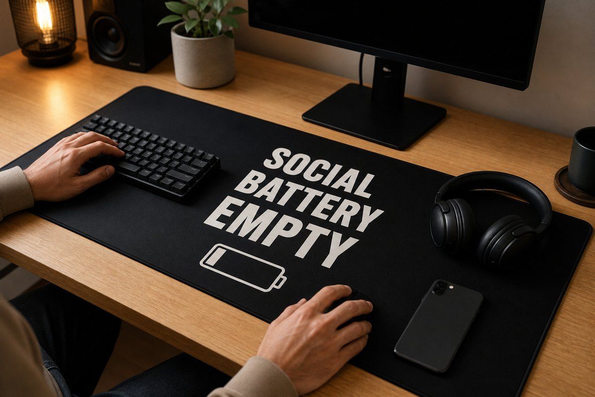 Social Battery Empty Large Desk Mat – Gaming Mouse Pad for Office Setup, graphic art / gift product image 1