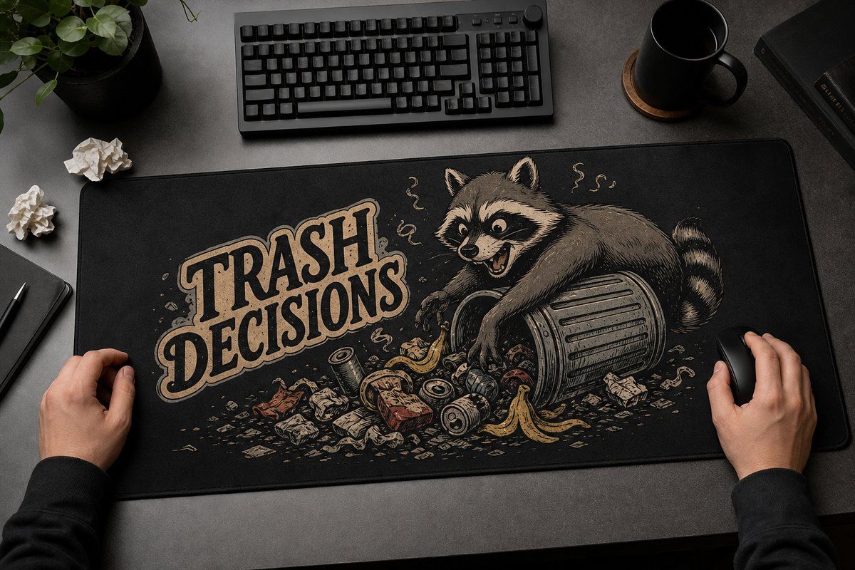 Trash Decisions Raccoon Large Desk Mat – Gaming Mouse Pad for Office Setup, graphic art / gift product image 1