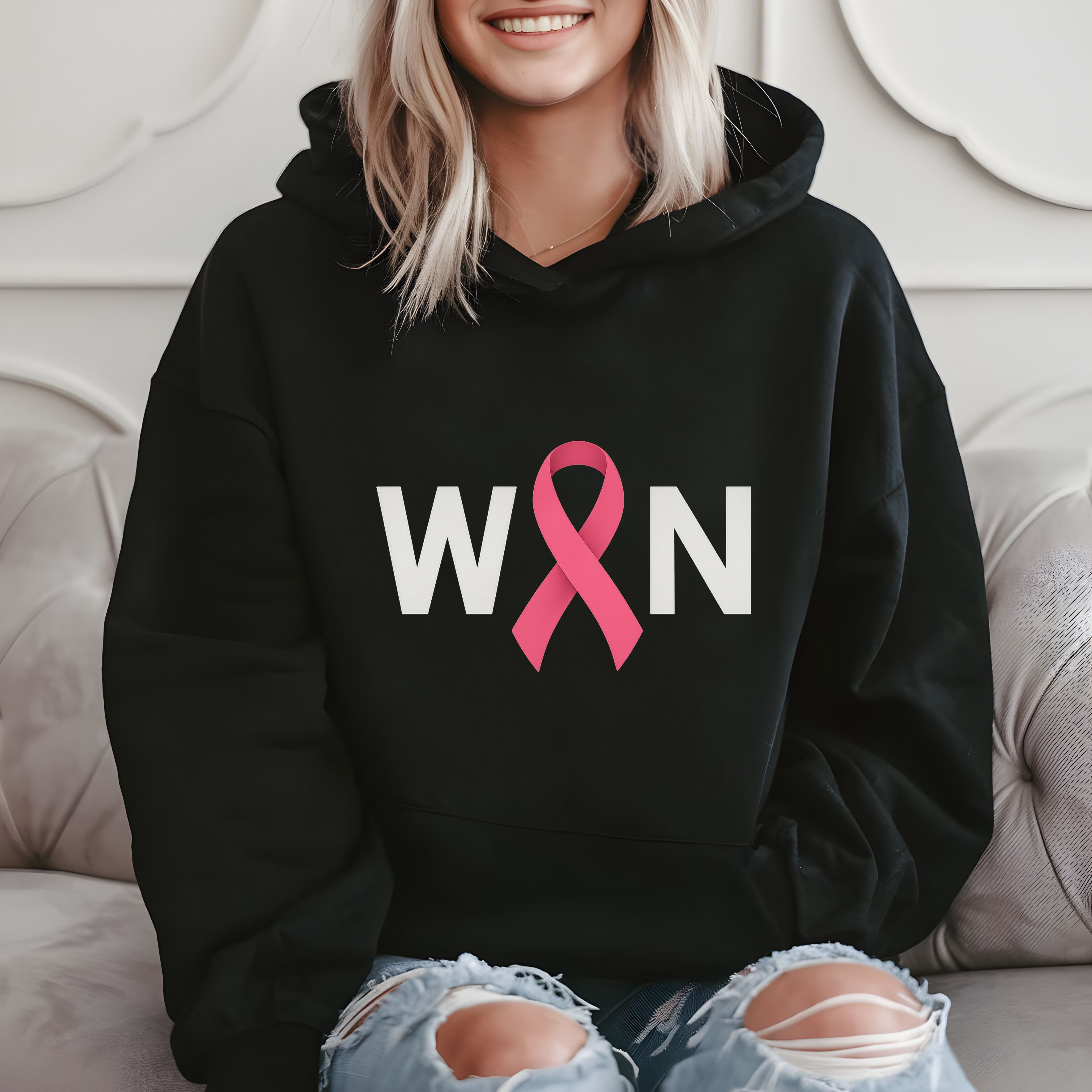 W N Pink Ribbon Breast Cancer Awareness Gift Hoodie product image 2