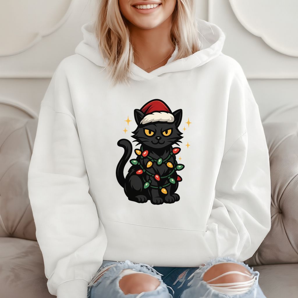 Festive Black Cat Christmas Lights Santa Hat Funny Gift Hoodie product image 2