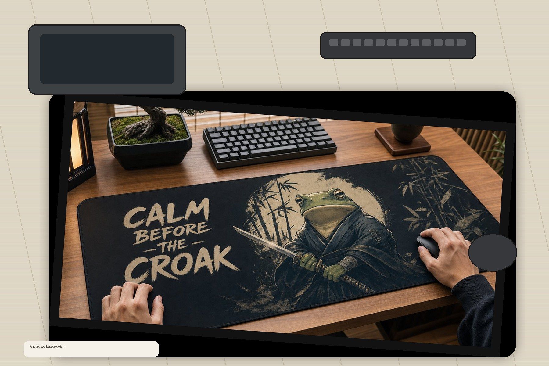 Frog Samurai Calm Before The Croak Large Desk Mat – Gaming Mouse Pad for Office Setup, frog lover gift / funny animal product image 2