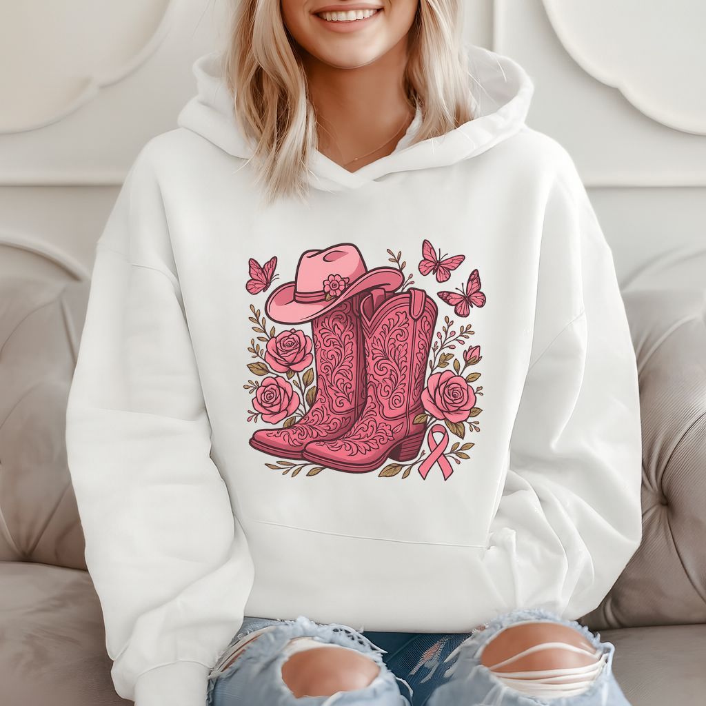 Country Boots, Hat, Roses, And Ribbon For Breast Cancer Awareness Hoodie product image 2