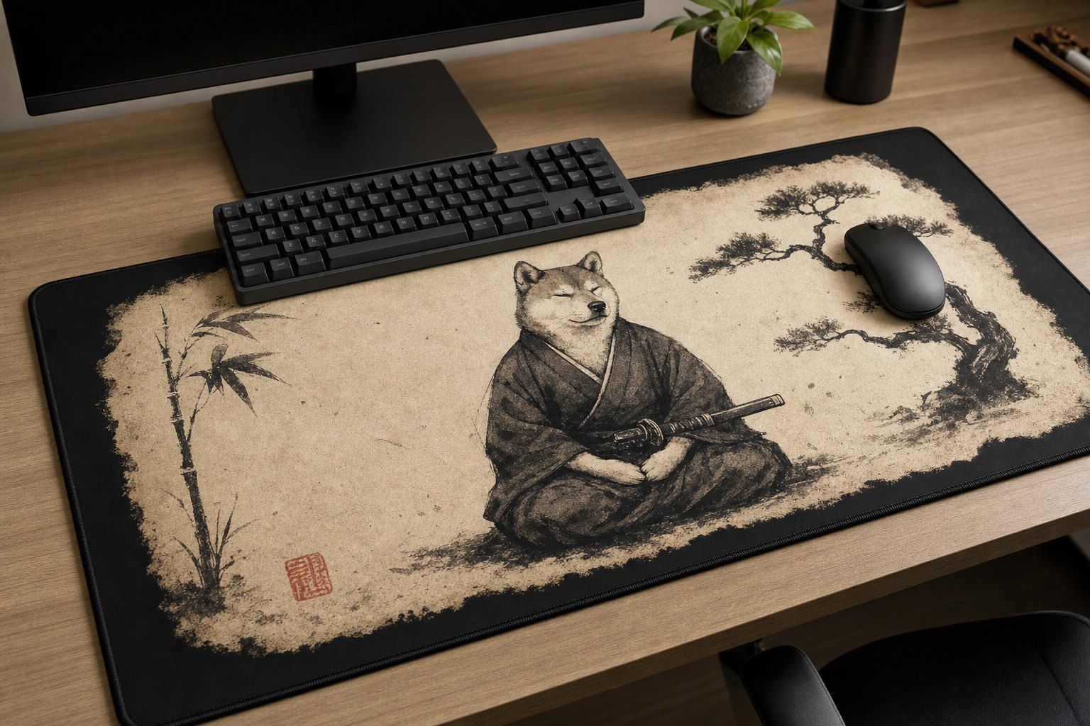 Shiba Samurai Sumi Ink Large Desk Mat – Gaming Mouse Pad for Office Setup, Japanese inspired / warrior art product image 1