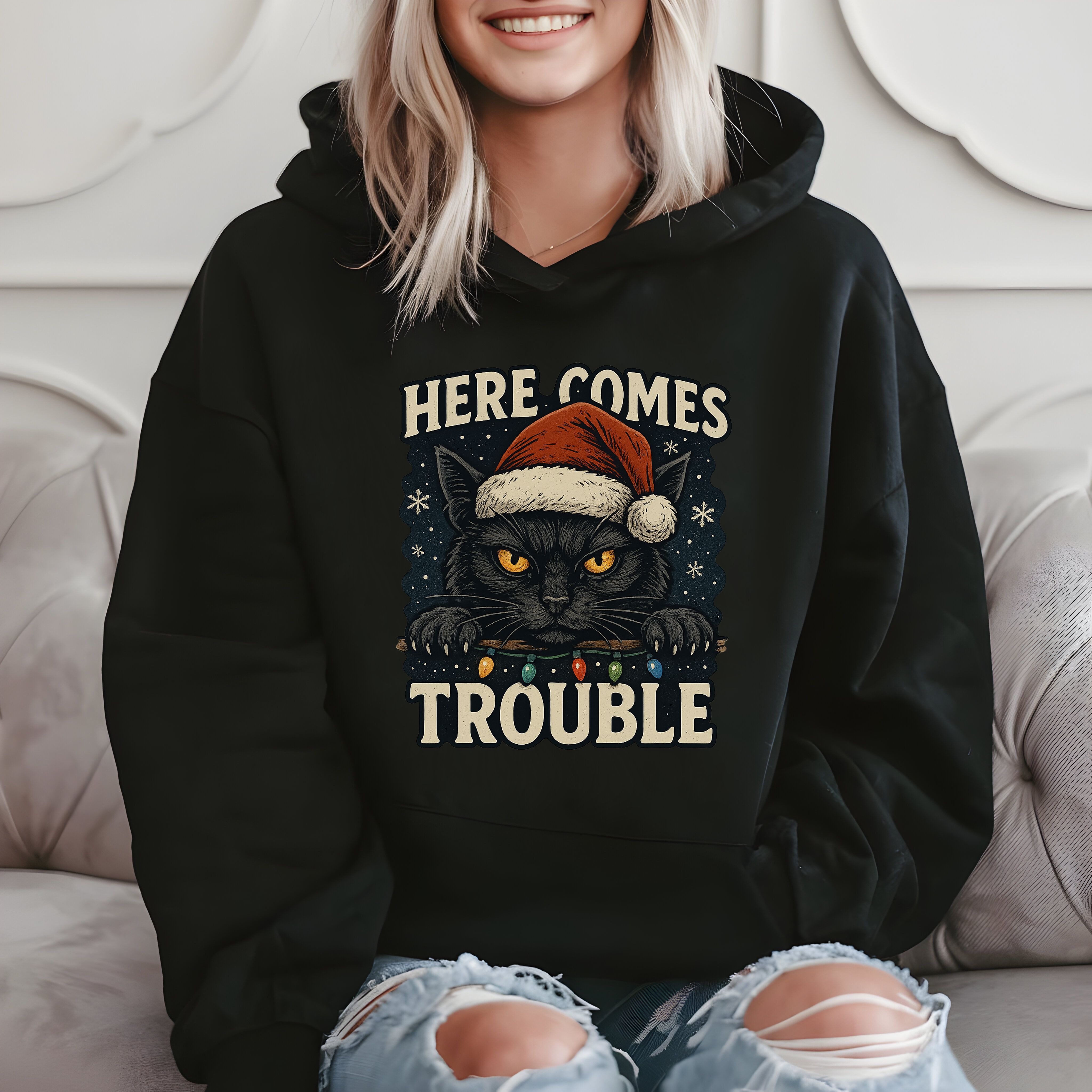 Here Comes Trouble Funny Cat Christmas Hoodie product image 2