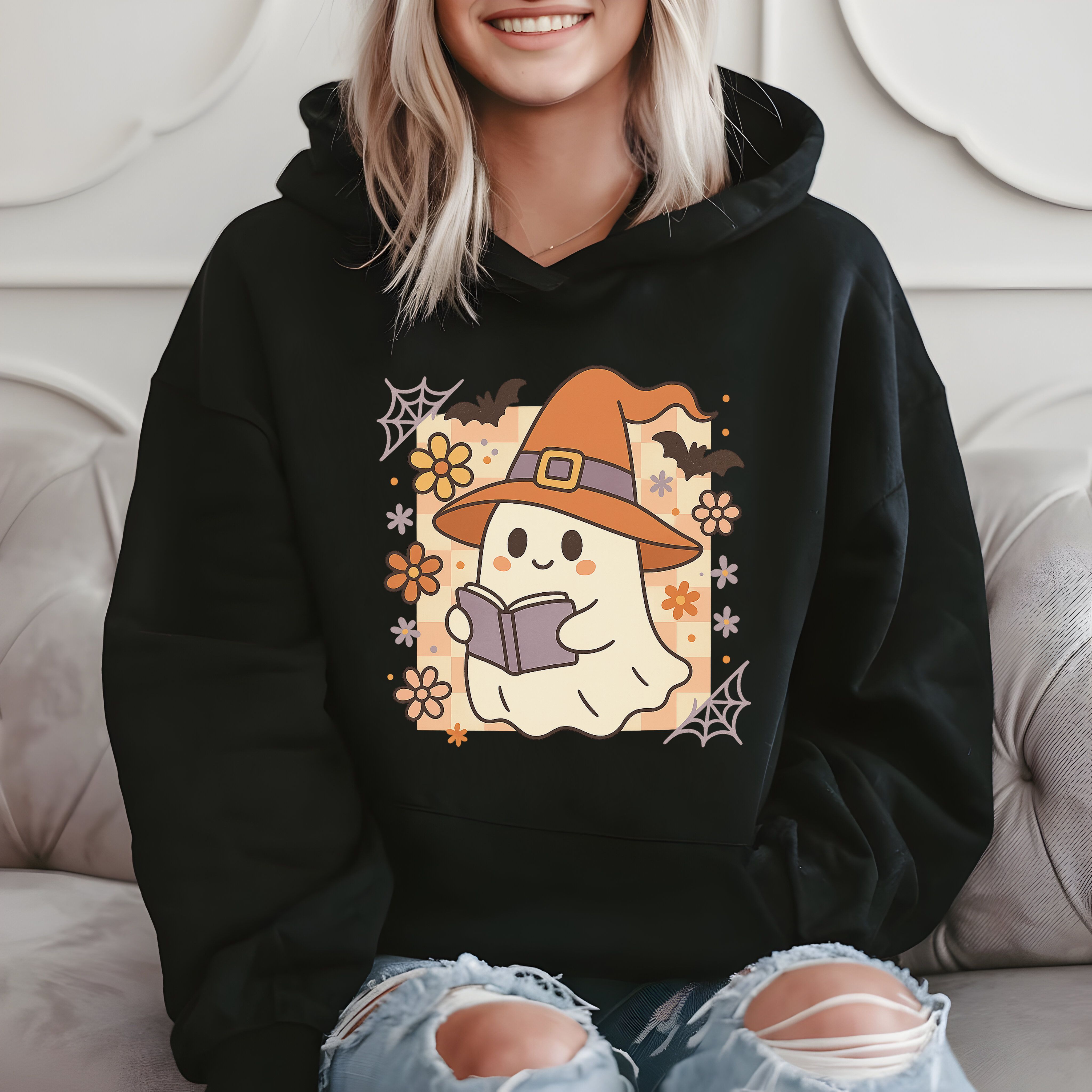 Cute Ghost Reading A Book In Witch Hat - Halloween Aesthetic Hoodie product image 2
