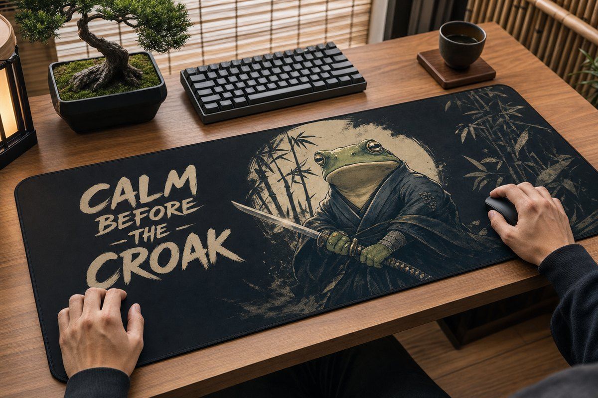 Frog Samurai Calm Before The Croak Large Desk Mat – Gaming Mouse Pad for Office Setup, frog lover gift / funny animal product image 1