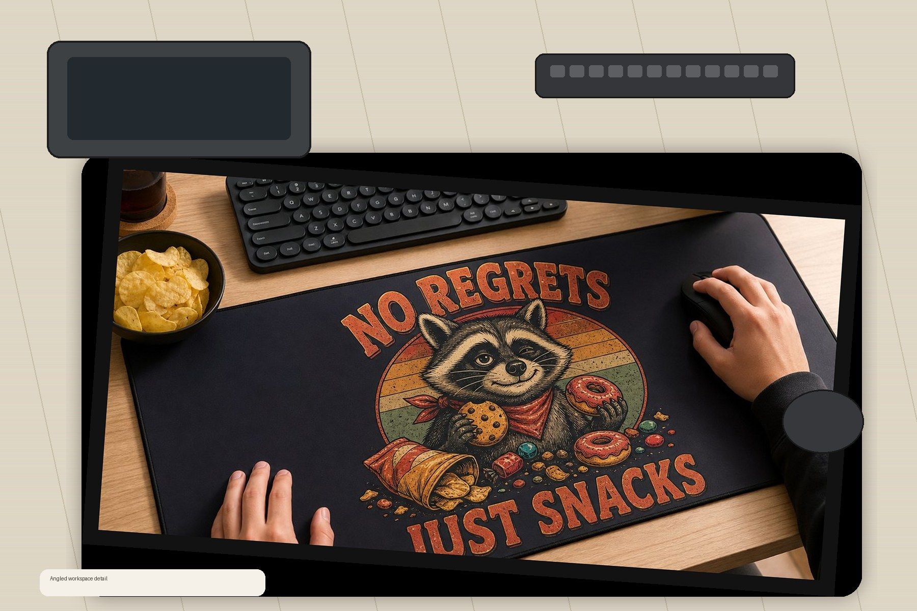 No Regrets Just Snacks Raccoon Large Desk Mat – Gaming Mouse Pad for Office Setup, graphic art / gift product image 2