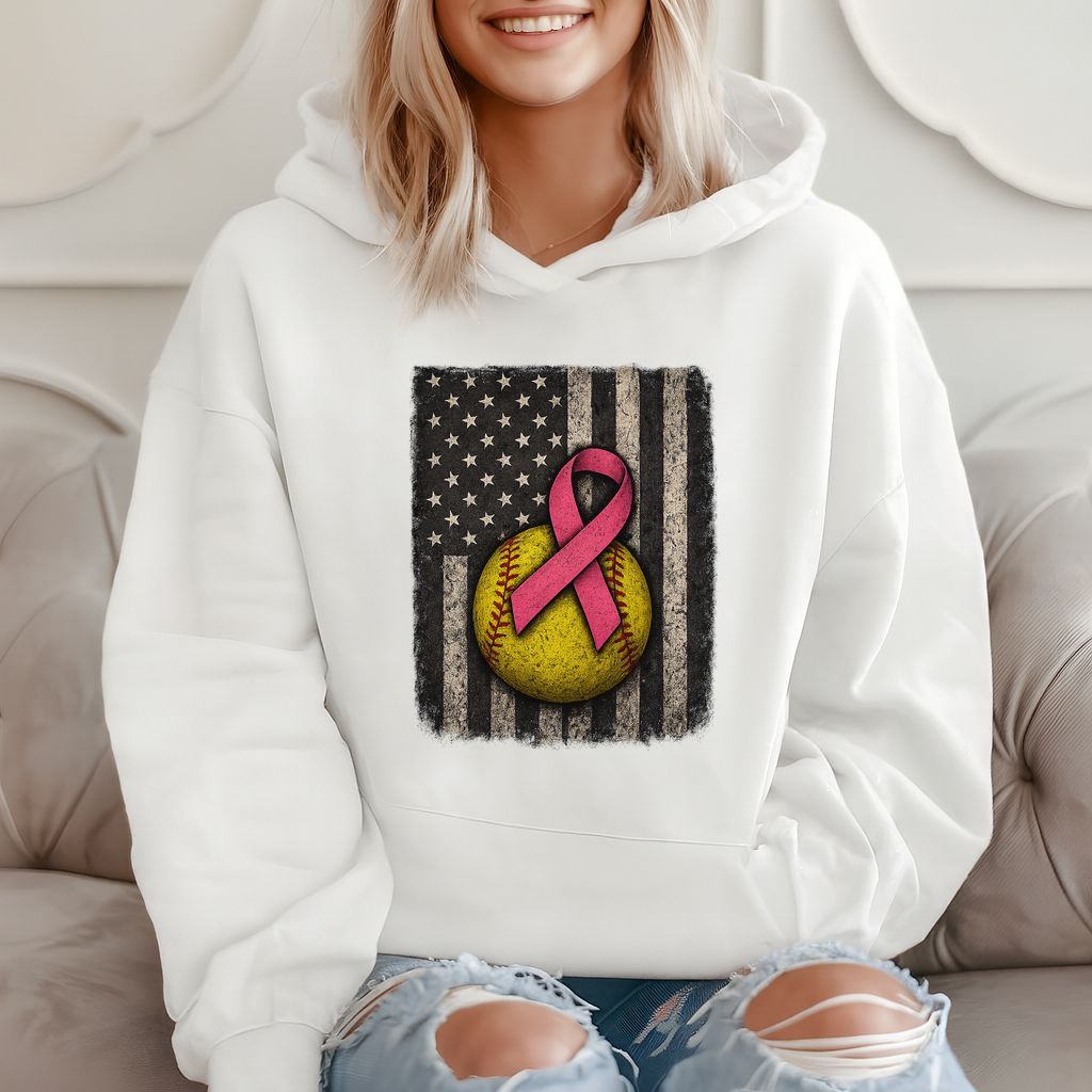 Support The Fighters With This Pink Ribbon Softball American Flag Hoodie product image 2