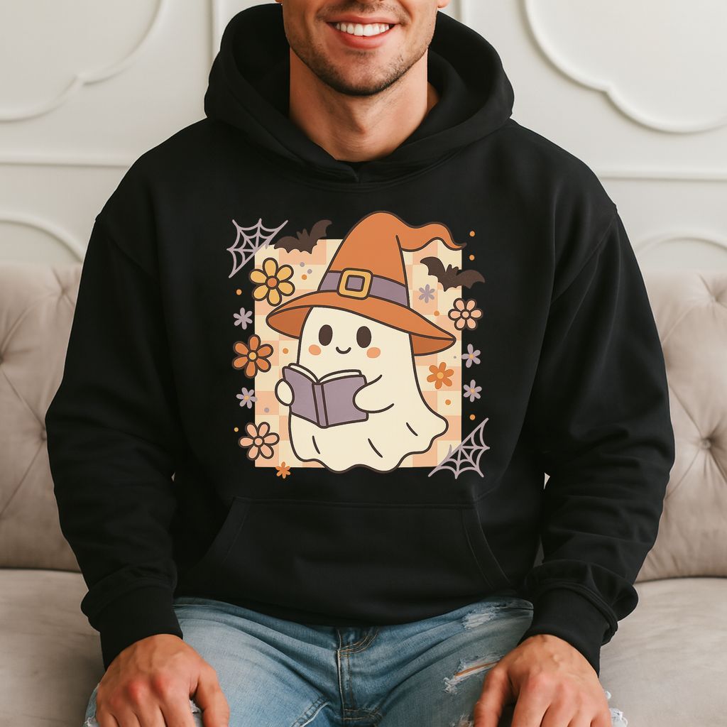 Cute Ghost Reading A Book In Witch Hat - Halloween Aesthetic Hoodie product image 3