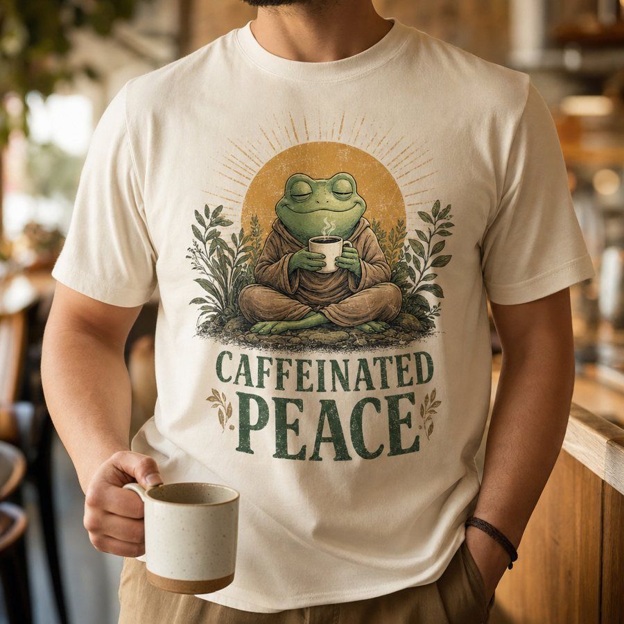 Frog Coffee Monk Caffeinated Peace T-Shirt product image 1