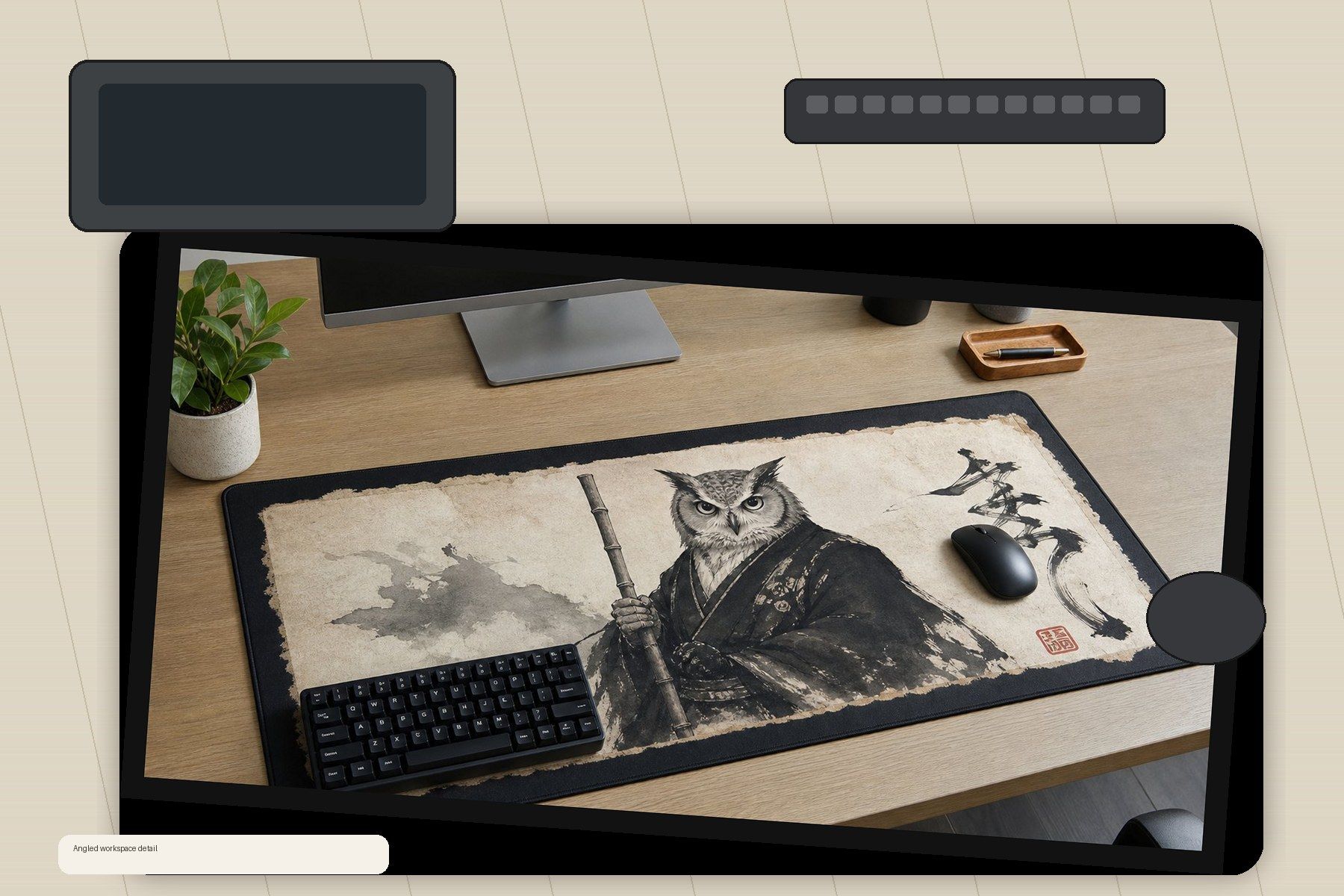 Owl Sensei Sumi Ink Large Desk Mat – Gaming Mouse Pad for Office Setup, Japanese ink art / minimalist product image 2