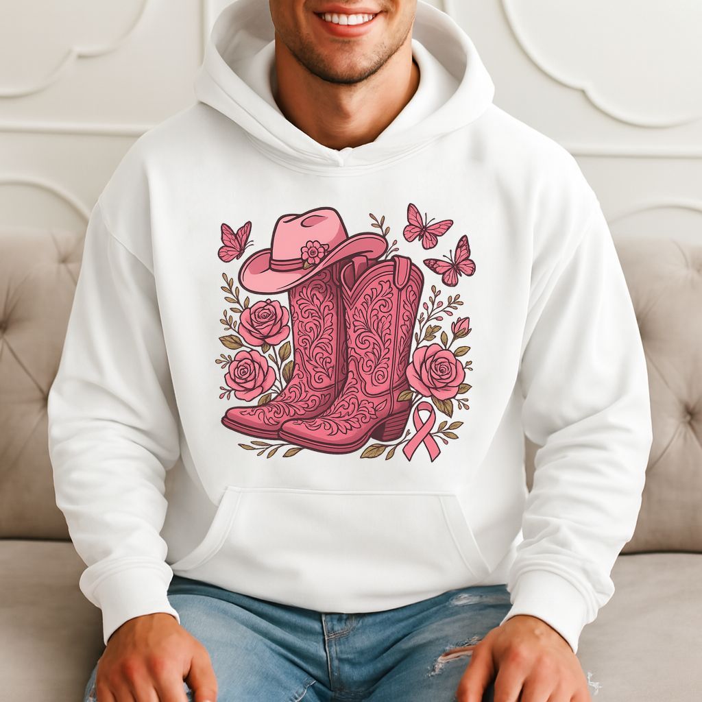 Country Boots, Hat, Roses, And Ribbon For Breast Cancer Awareness Hoodie product image 1