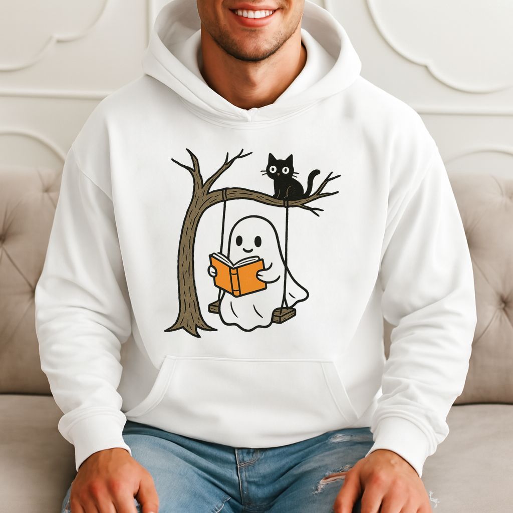 Cute Ghost Reading With Cat Halloween Hoodie product image 3