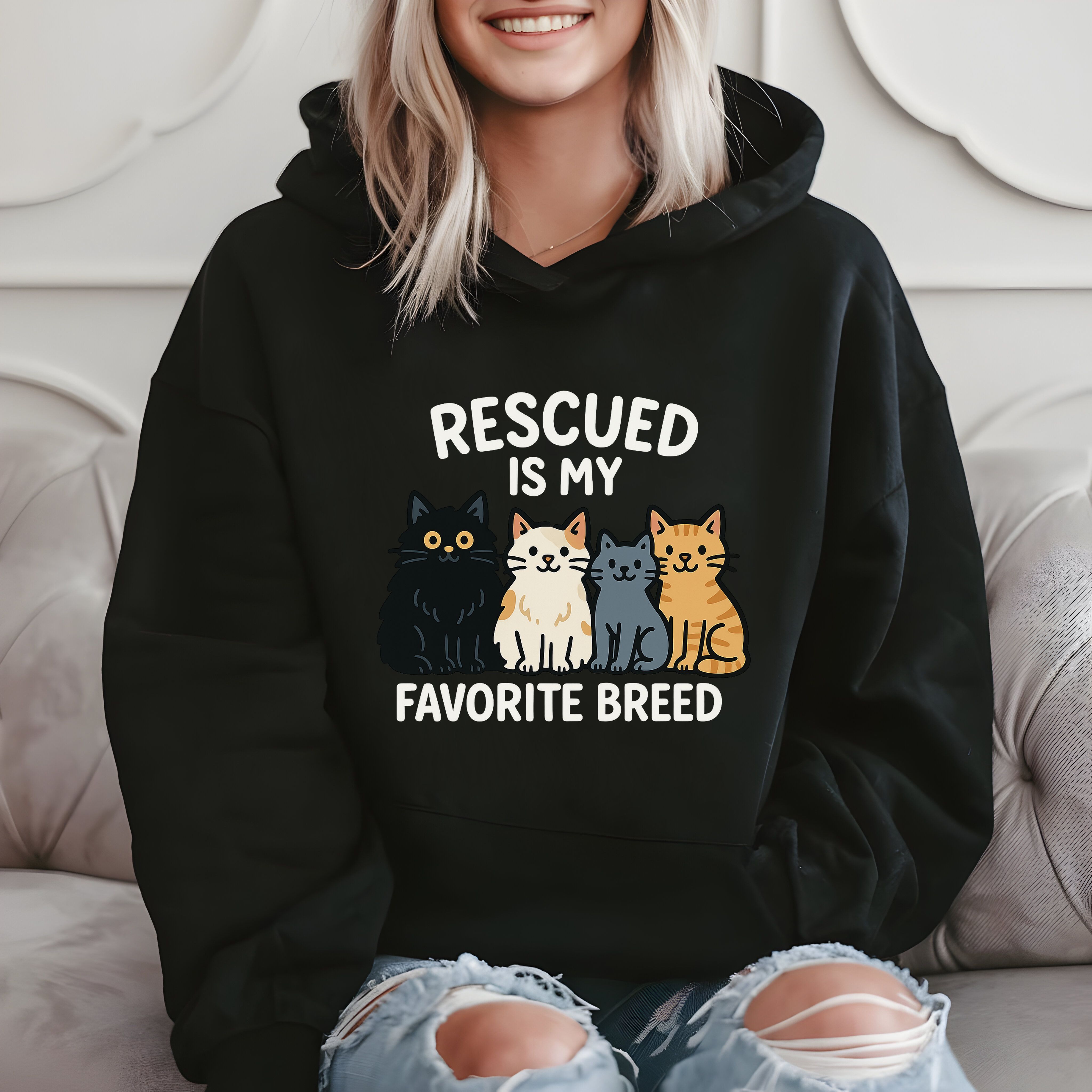 Rescued Is My Favorite Breed Cute Cat Lover Gift, Animal Rescue Hoodie product image 2