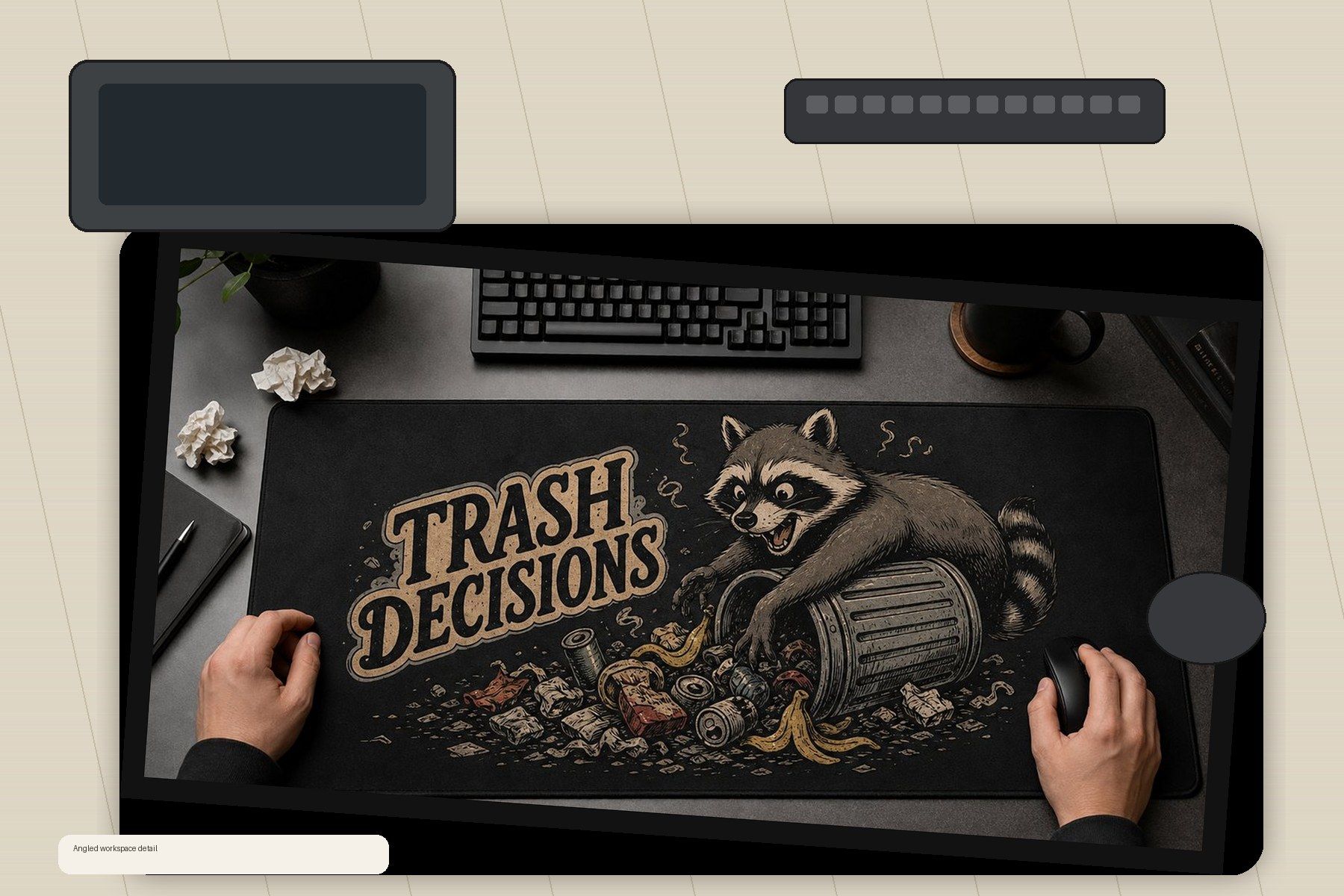 Trash Decisions Raccoon Large Desk Mat – Gaming Mouse Pad for Office Setup, graphic art / gift product image 2