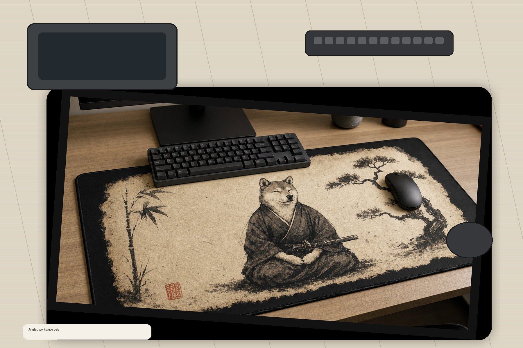 Shiba Samurai Sumi Ink Large Desk Mat – Gaming Mouse Pad for Office Setup, Japanese inspired / warrior art product image 2
