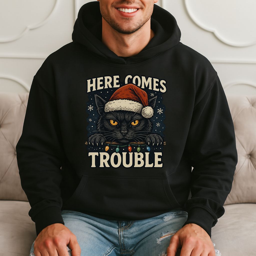 Here Comes Trouble Funny Cat Christmas Hoodie product image 1