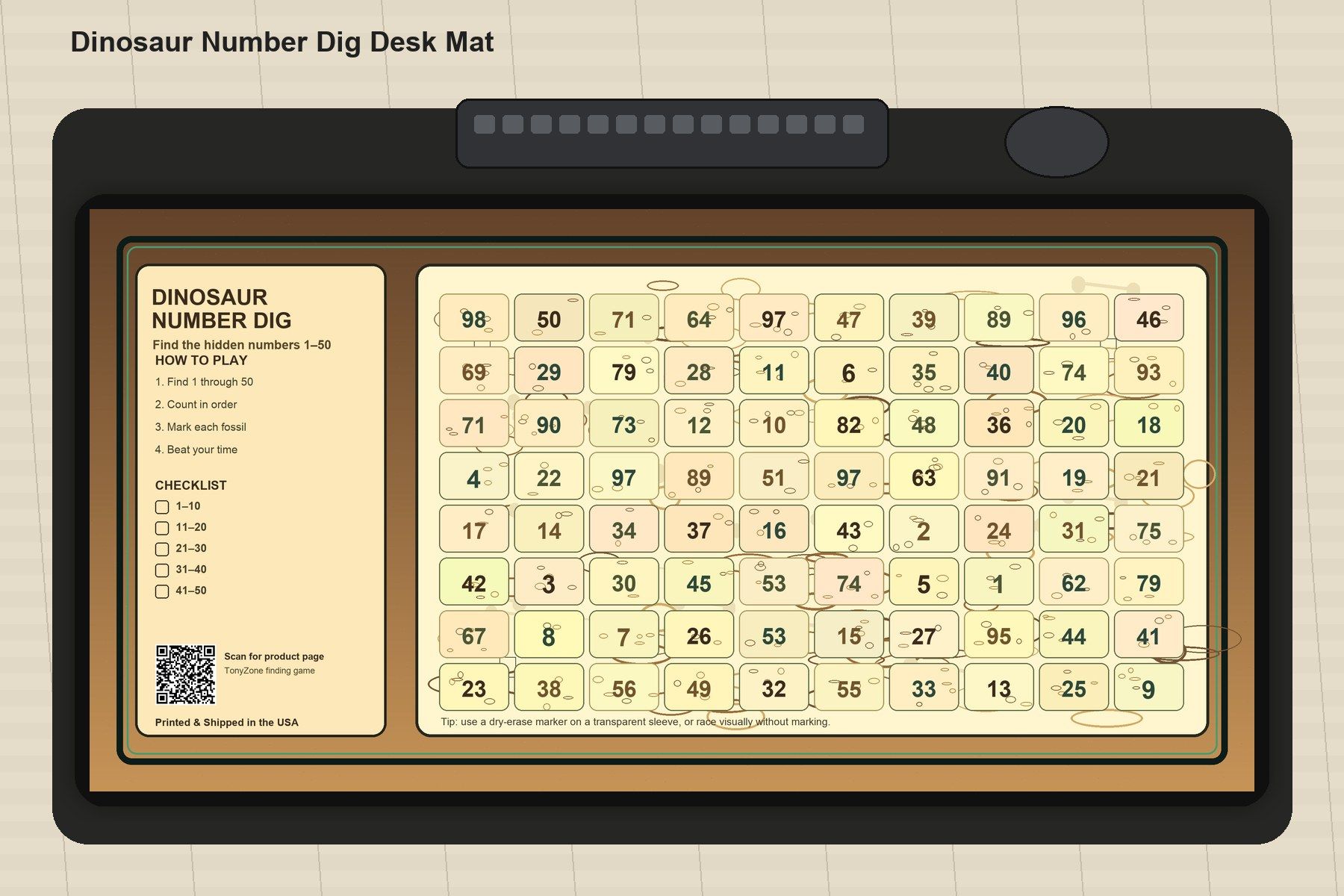 Dinosaur Number Dig Large Desk Mat – Gaming Mouse Pad for Office Setup, graphic art / gift product image 1