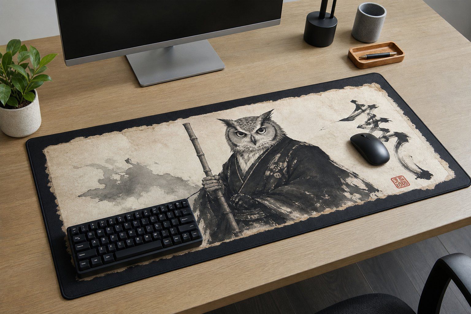 Owl Sensei Sumi Ink Large Desk Mat – Gaming Mouse Pad for Office Setup, Japanese ink art / minimalist product image 1