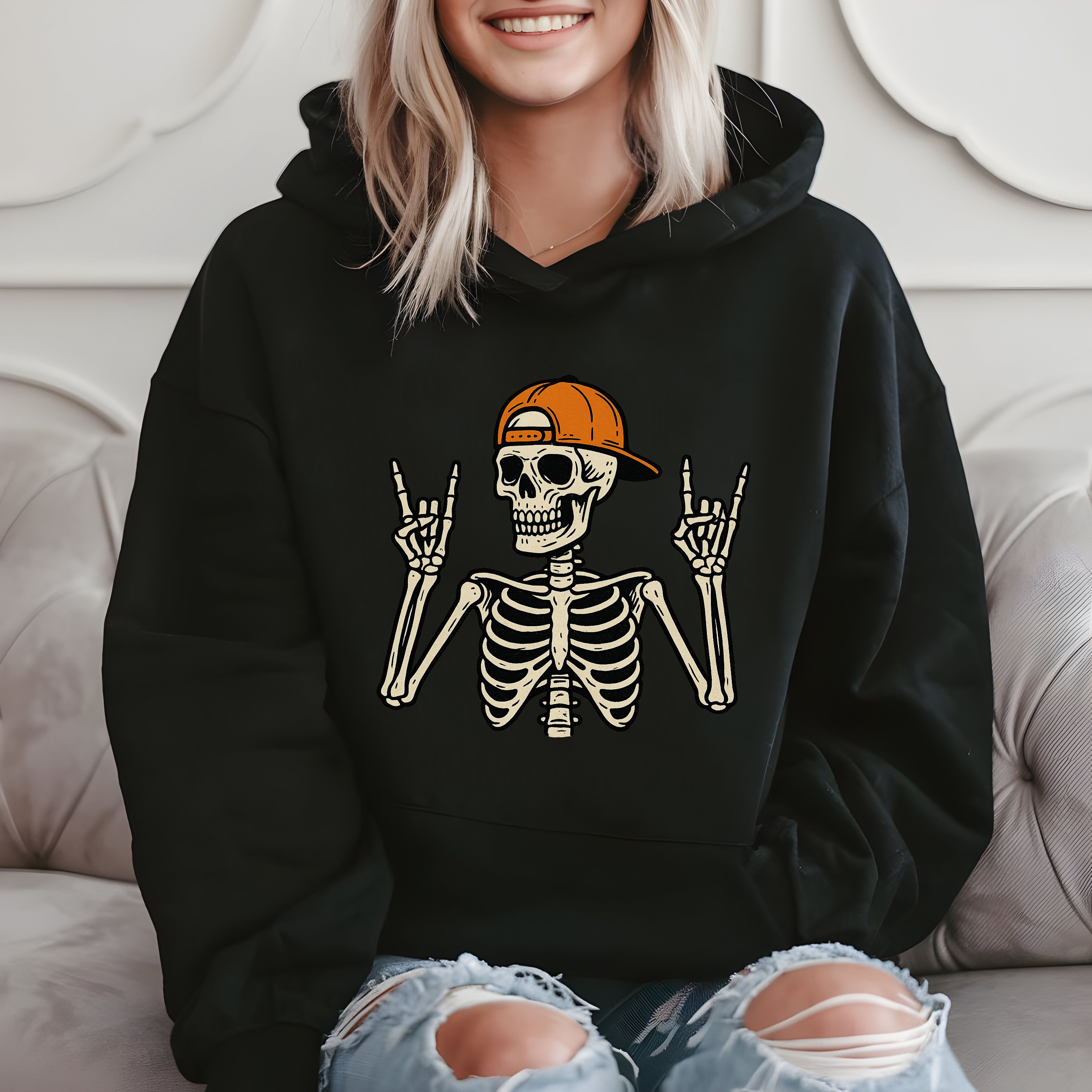 Rock On Skeleton With Orange Cap - Halloween Party Vibes Hoodie product image 2