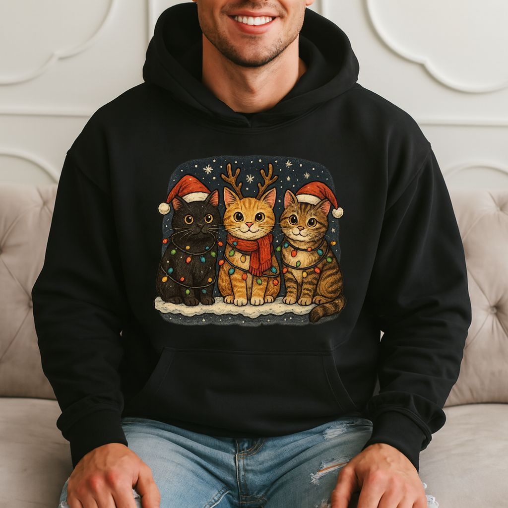 Three Cats In Santa Hats And Antlers With Christmas Lights Hoodie product image 1