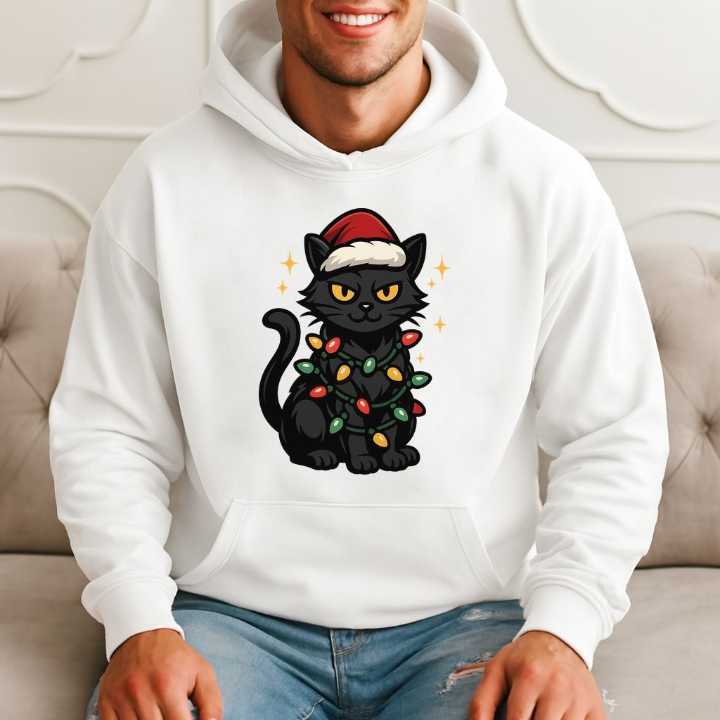 Festive Black Cat Christmas Lights Santa Hat Funny Gift Hoodie product image 3