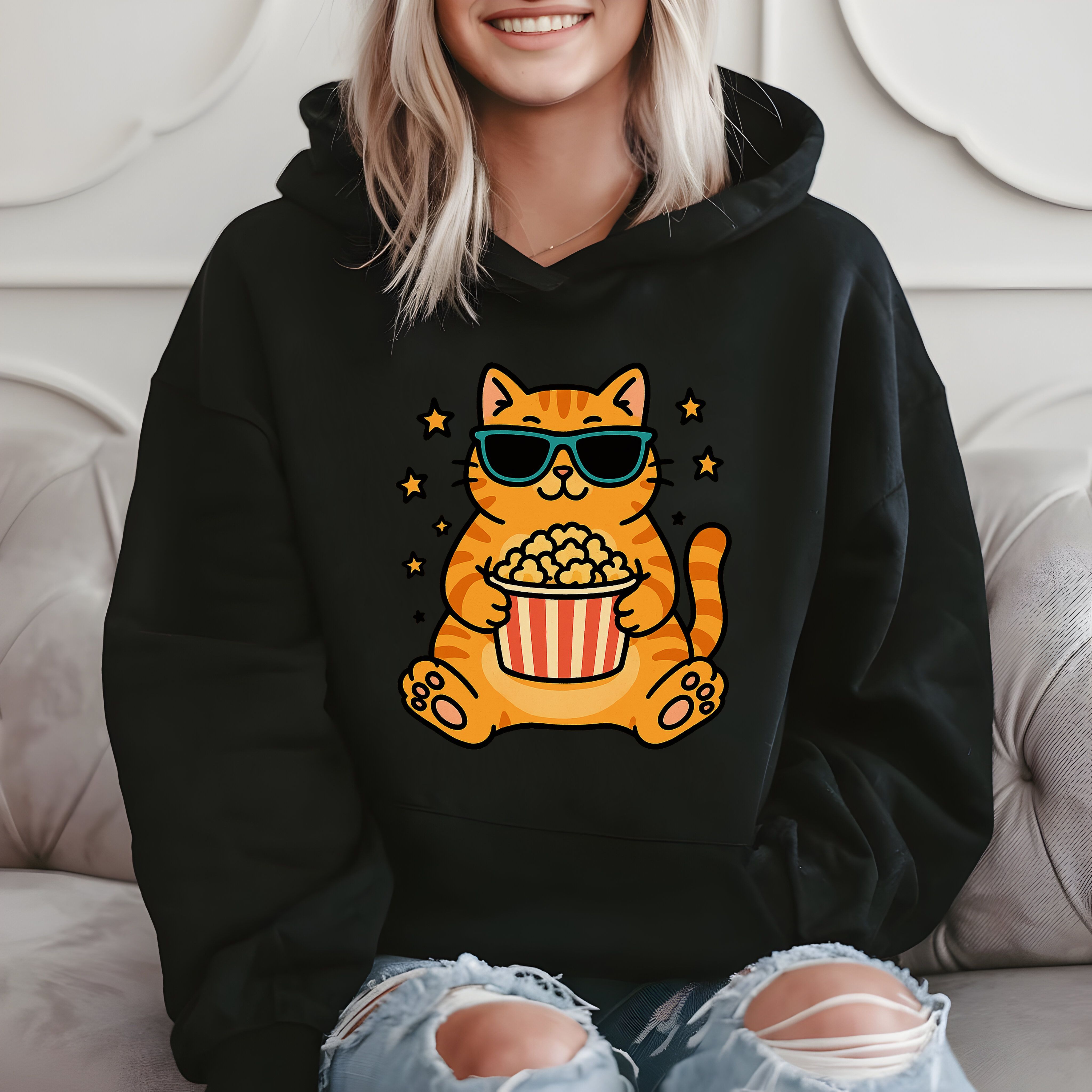 Cool Cat Popcorn Fun - Cute Movie Night Hoodie product image 2