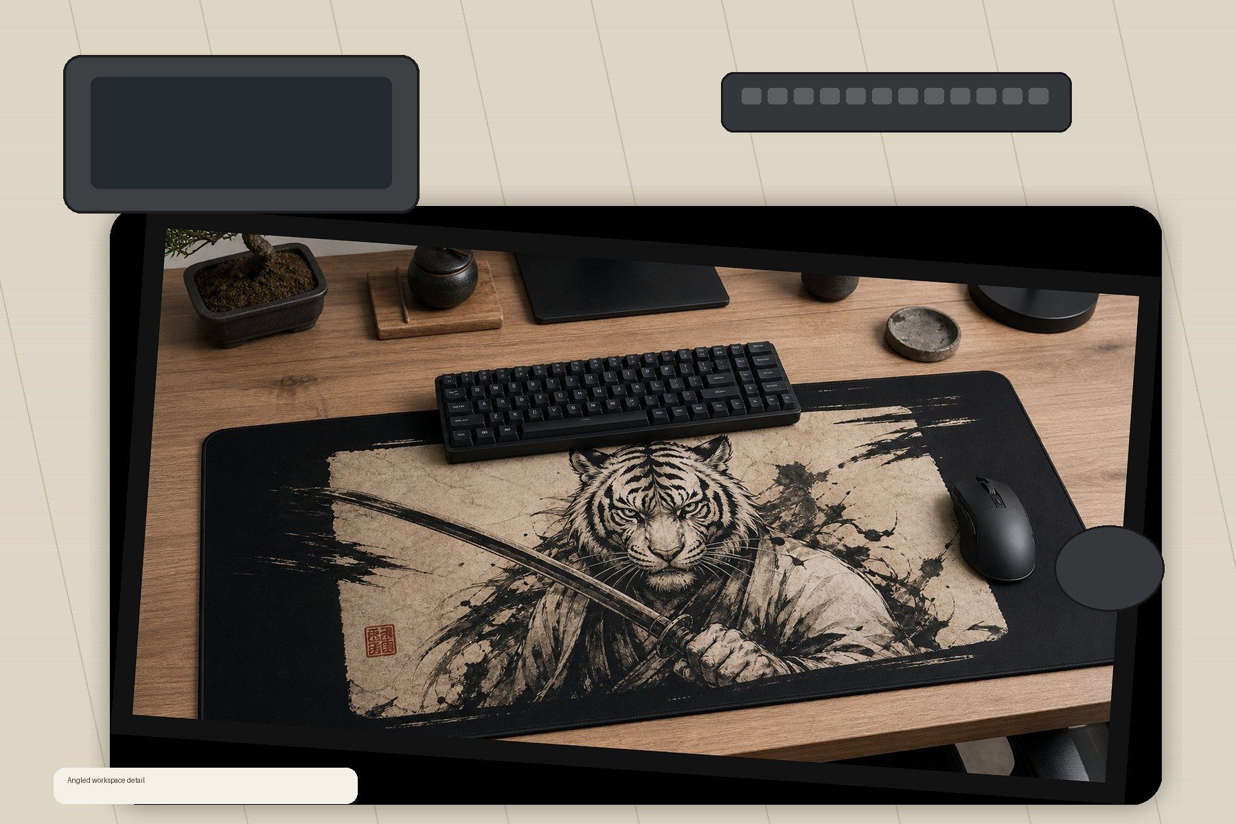 Tiger Ronin Sumi Ink Large Desk Mat – Gaming Mouse Pad for Office Setup, Japanese ink art / minimalist product image 2