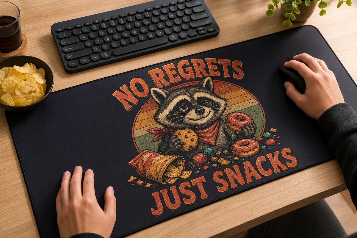 No Regrets Just Snacks Raccoon Large Desk Mat – Gaming Mouse Pad for Office Setup, graphic art / gift product image 1