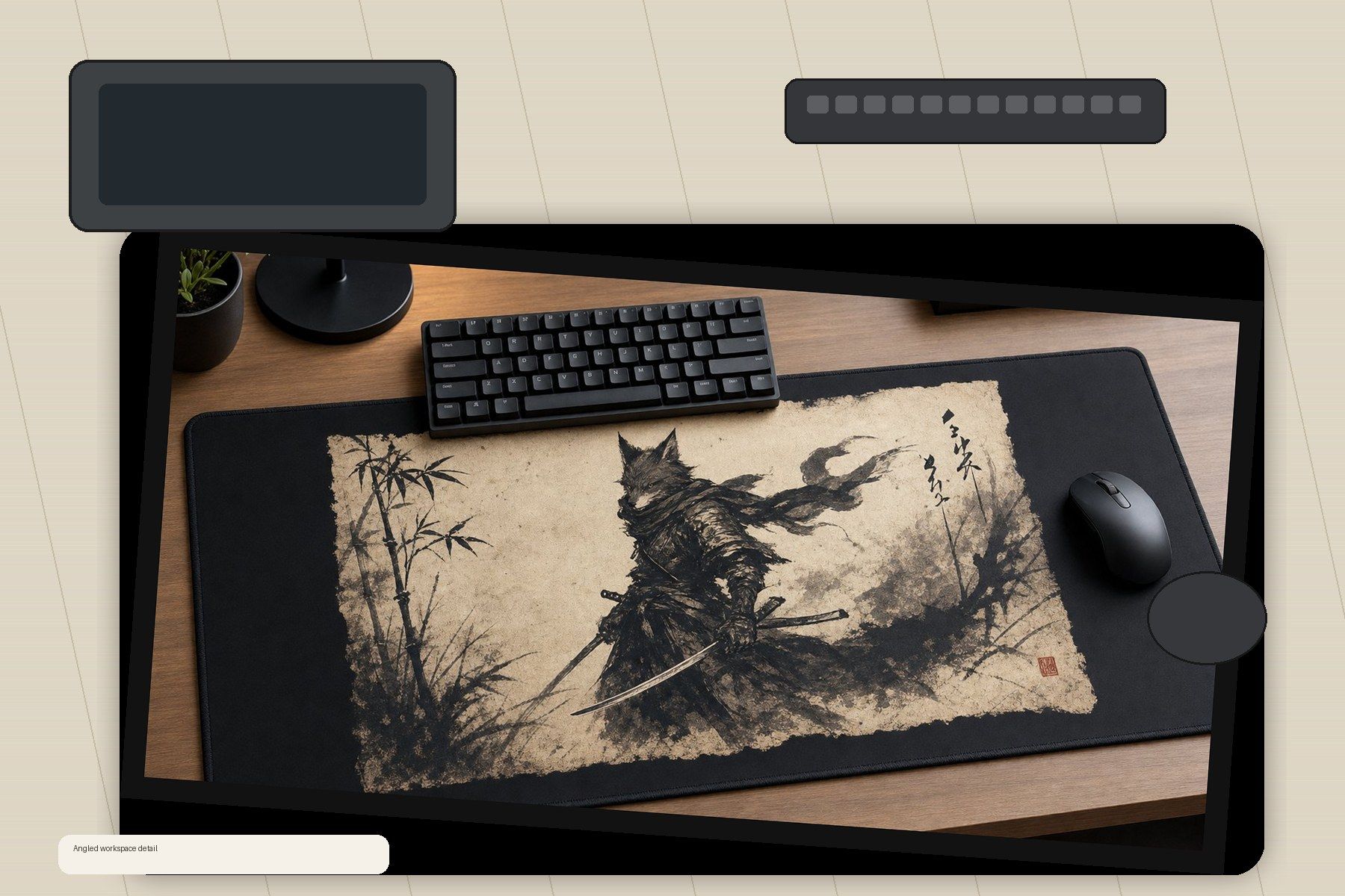 Fox Shinobi Sumi Ink Large Desk Mat – Gaming Mouse Pad for Office Setup, Japanese ink art / minimalist product image 2