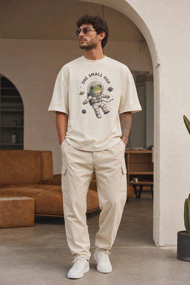Frog Astronaut One Small Hop Premium Boxy Tee – Graphic Streetwear T-Shirt for Everyday Outfits, frog lover gift / funny animal product image 1