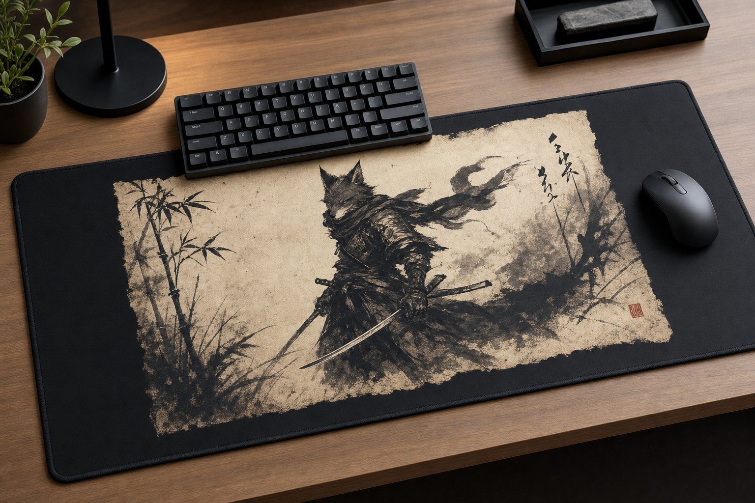 Fox Shinobi Sumi Ink Large Desk Mat – Gaming Mouse Pad for Office Setup, Japanese ink art / minimalist product image 1