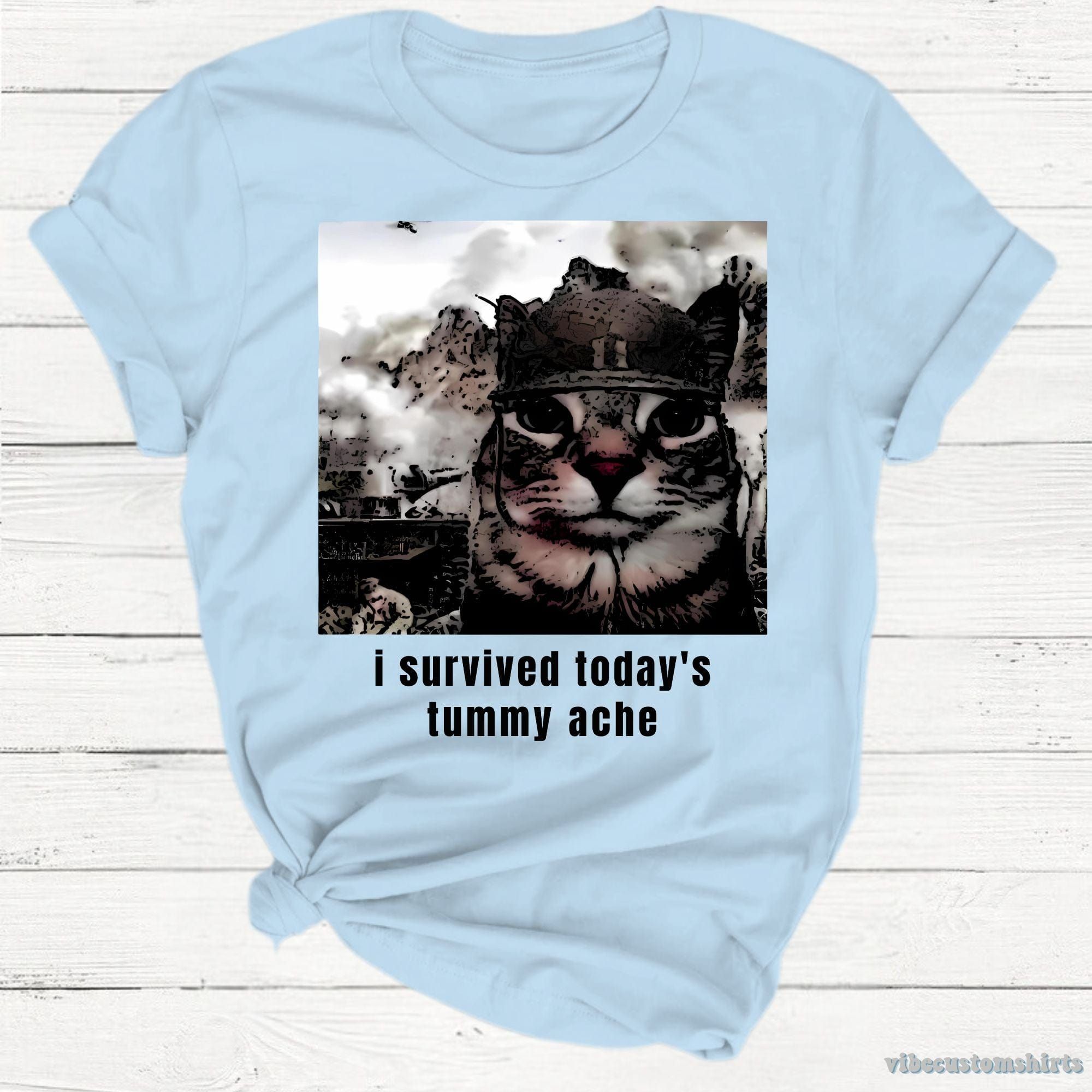 I Survived Today's Tummy Ache Sarcastic Army Cat Meme Shirt product image 3