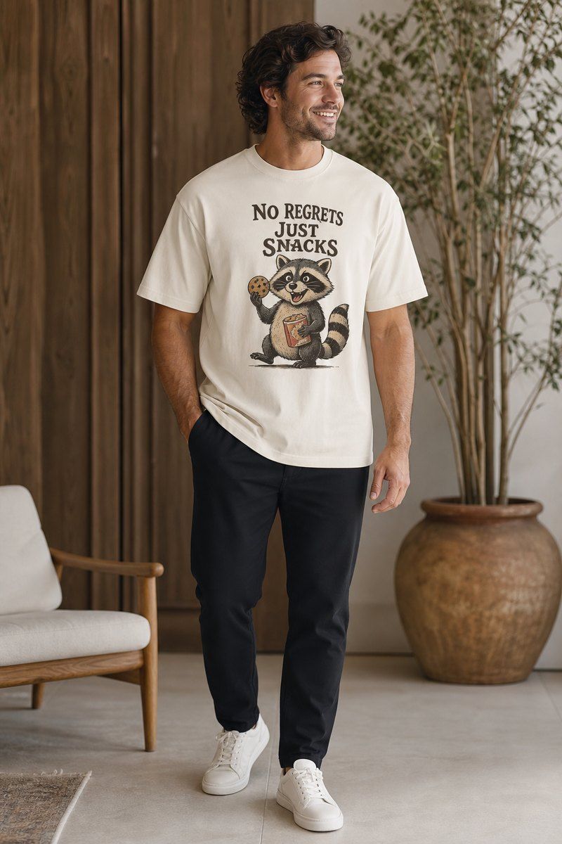 No Regrets Just Snacks Raccoon Premium Boxy Tee – Graphic Streetwear T-Shirt for Everyday Outfits, graphic art / gift product image 1