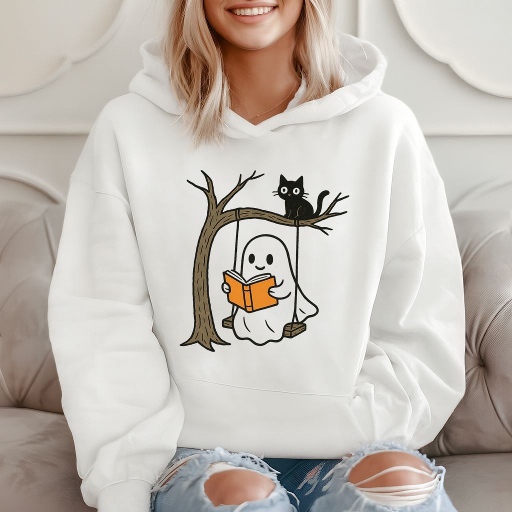 Cute Ghost Reading With Cat Halloween Hoodie product image 2