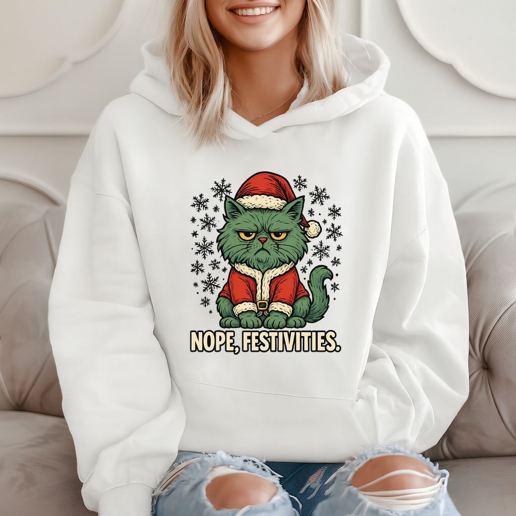 Nope, Festivities. Grumpy Christmas Cat Gift, Funny Holiday Humor Hoodie product image 2