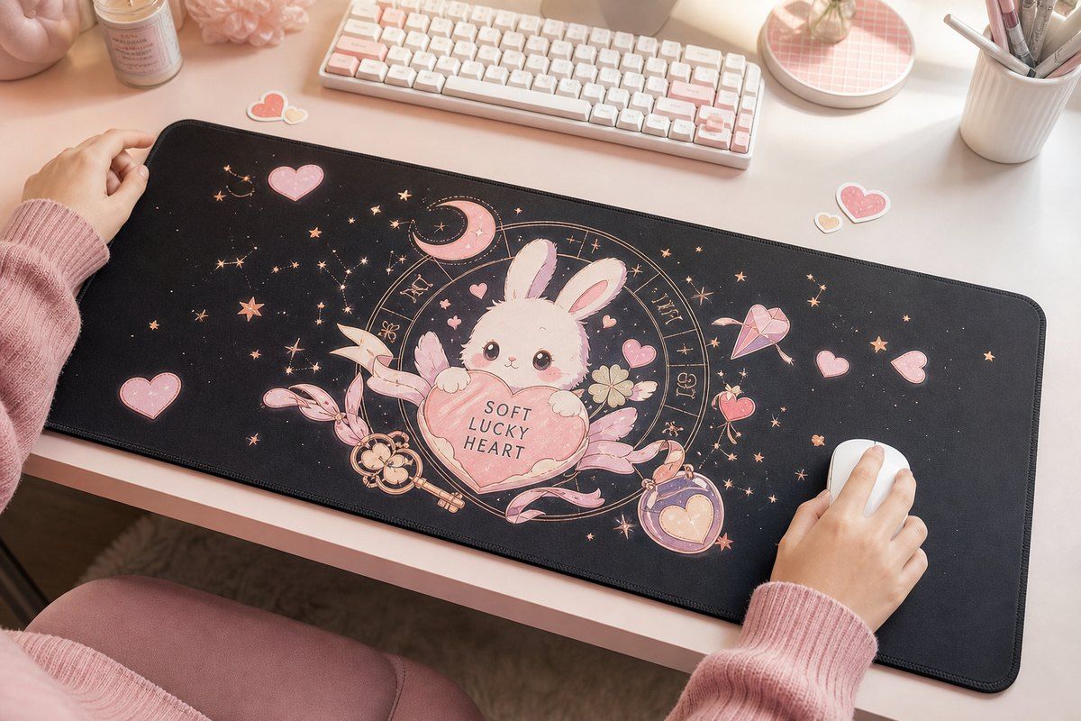 Rabbit Soft Lucky Heart Large Desk Mat – Gaming Mouse Pad for Office Setup, rabbit lover gift / cute animal product image 1