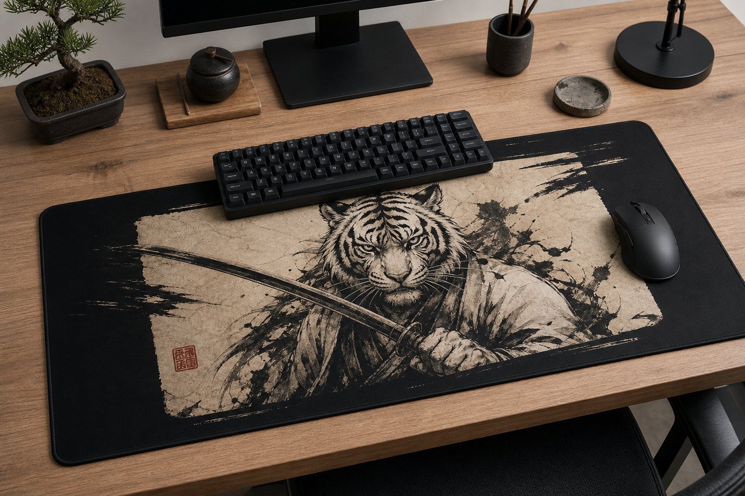 Tiger Ronin Sumi Ink Large Desk Mat – Gaming Mouse Pad for Office Setup, Japanese ink art / minimalist product image 1