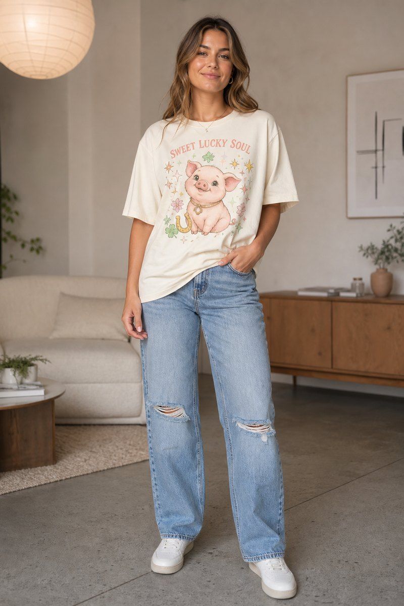 Pig Sweet Lucky Soul Premium Boxy Tee – Graphic Streetwear T-Shirt for Everyday Outfits, graphic art / gift product image 1