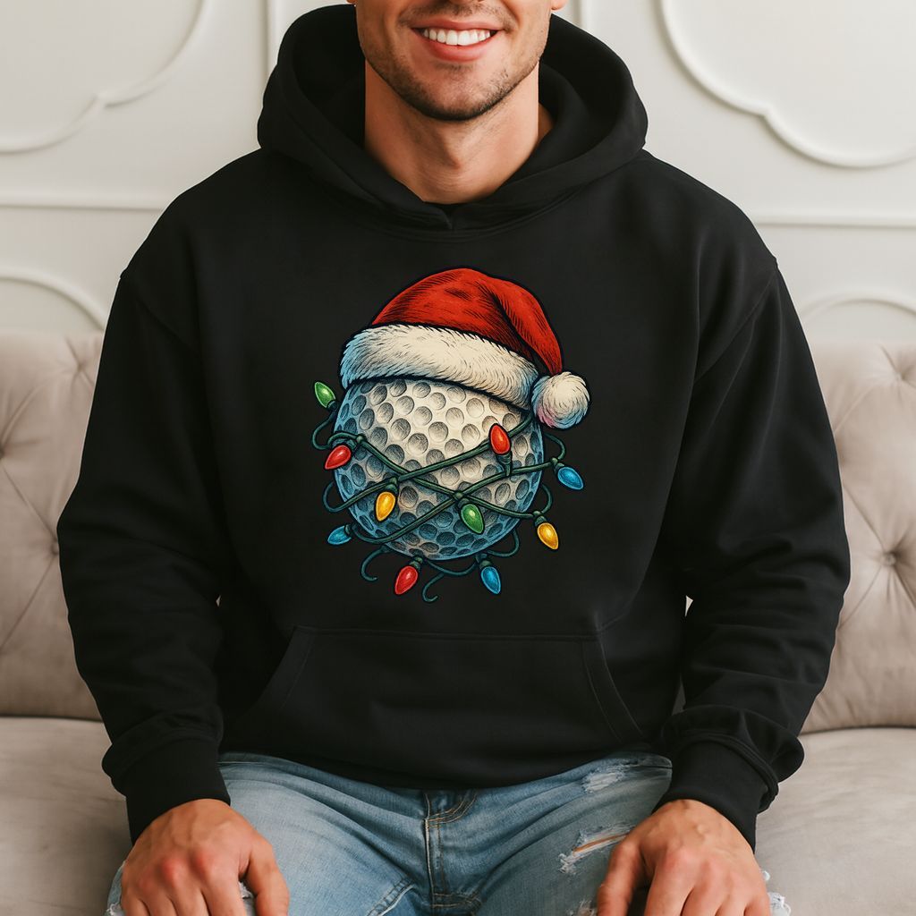 Golf Ball Christmas Lights Santa Hat – Funny Holiday Golf Gift Hoodie product image 1