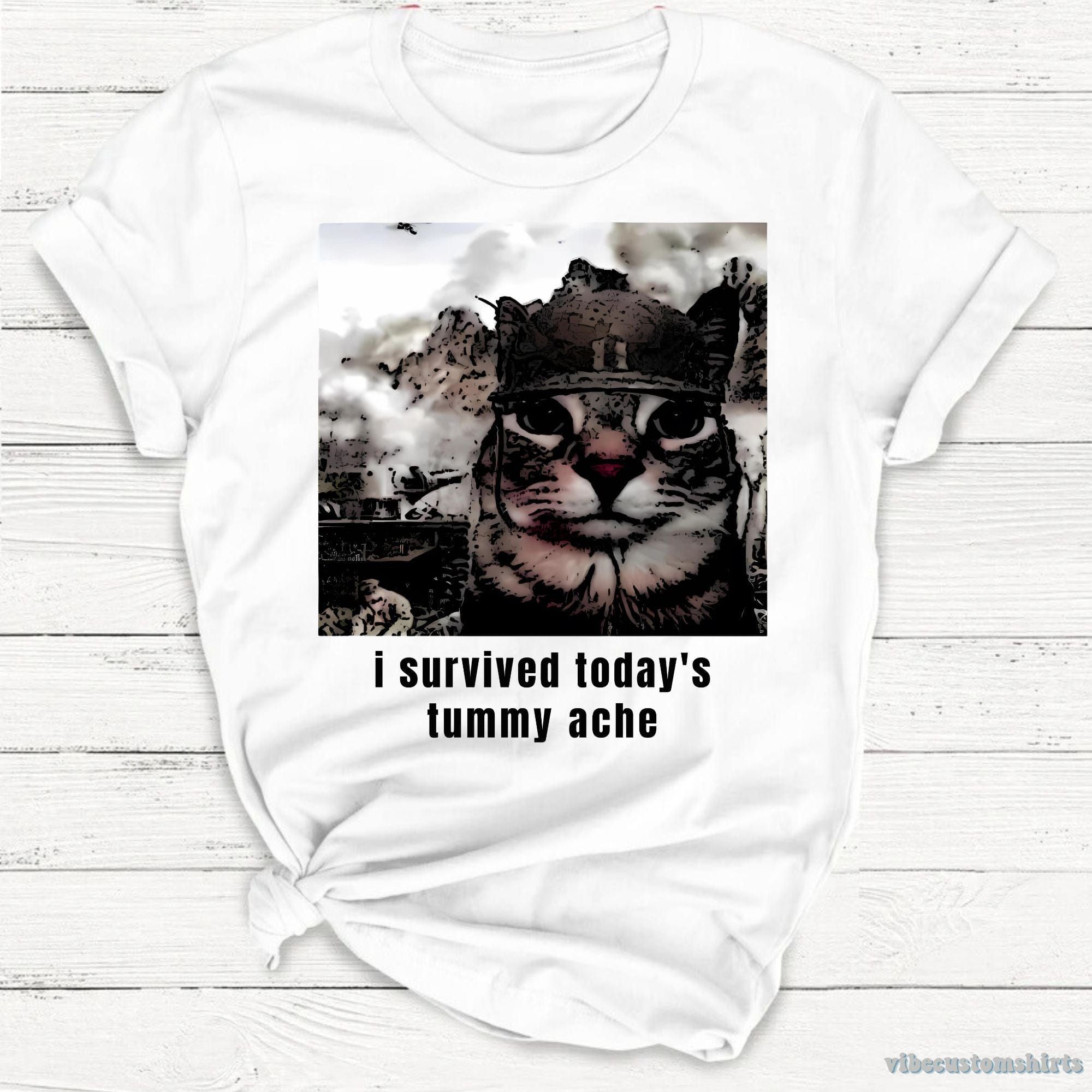I Survived Today's Tummy Ache Sarcastic Army Cat Meme Shirt product image 1