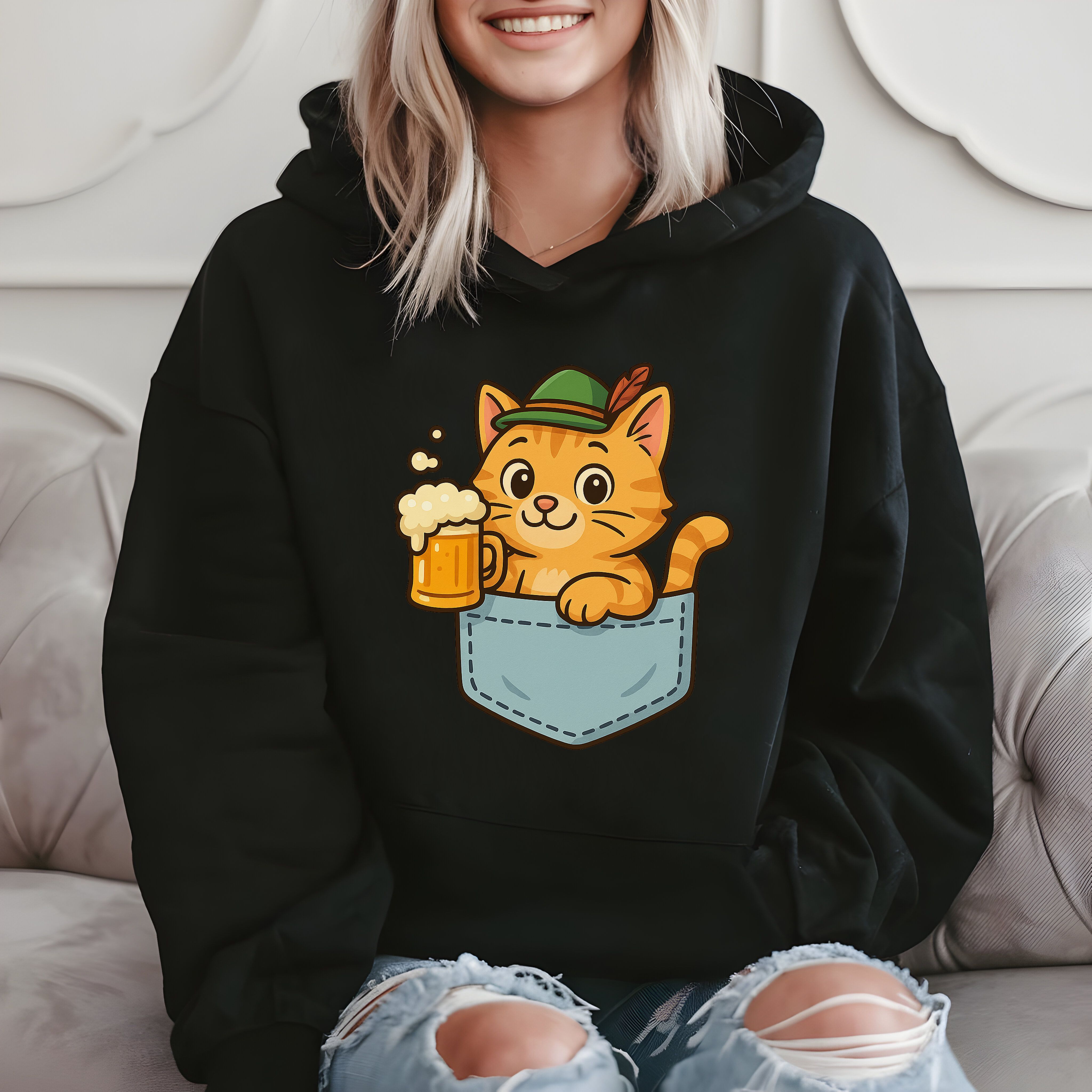 Cat In Pocket With Beer - Funny Cute Cat Lover Hoodie product image 2