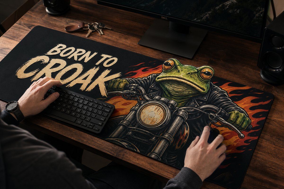 Frog Biker Born To Croak Large Desk Mat – Gaming Mouse Pad for Office Setup, frog lover gift / funny animal product image 1