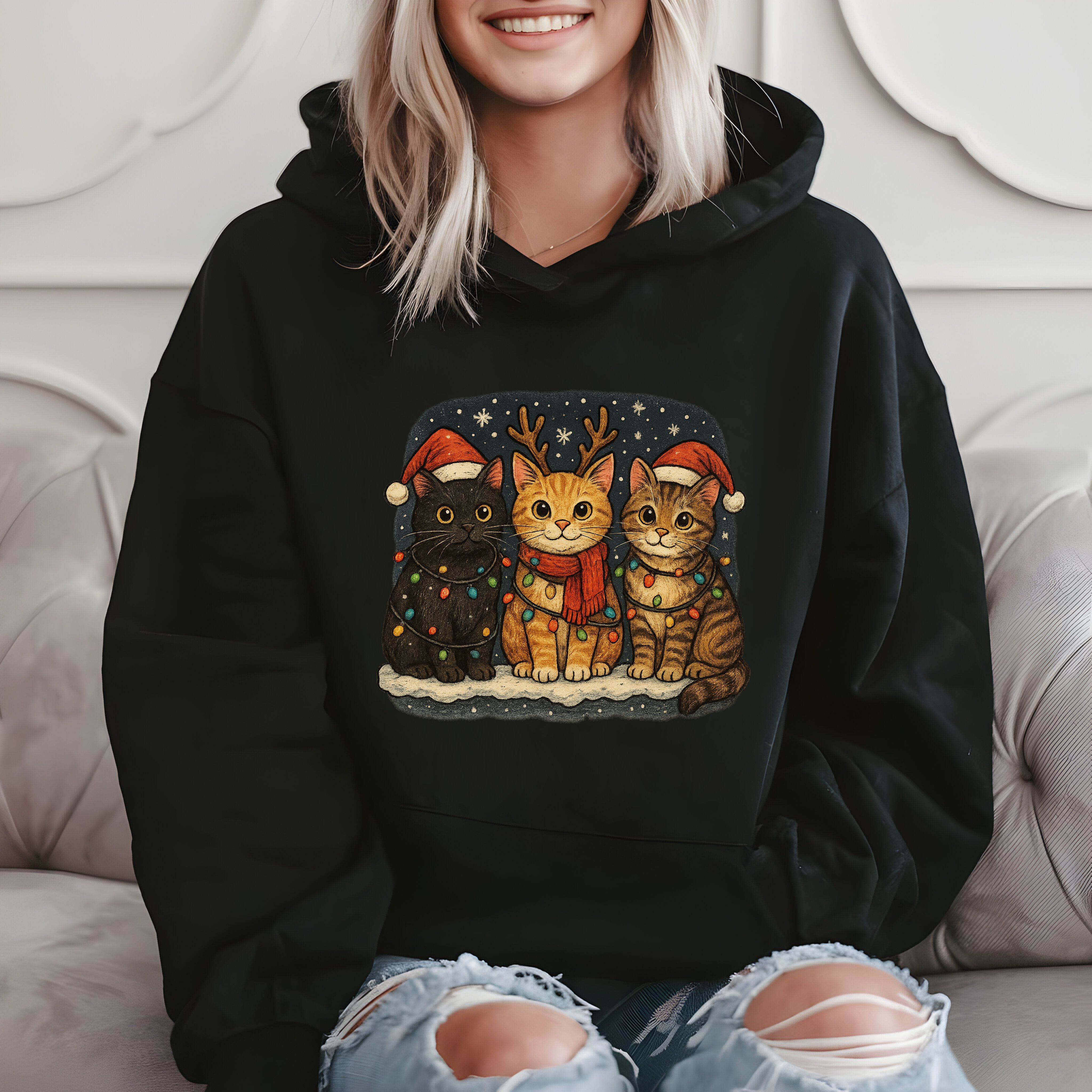 Three Cats In Santa Hats And Antlers With Christmas Lights Hoodie product image 2