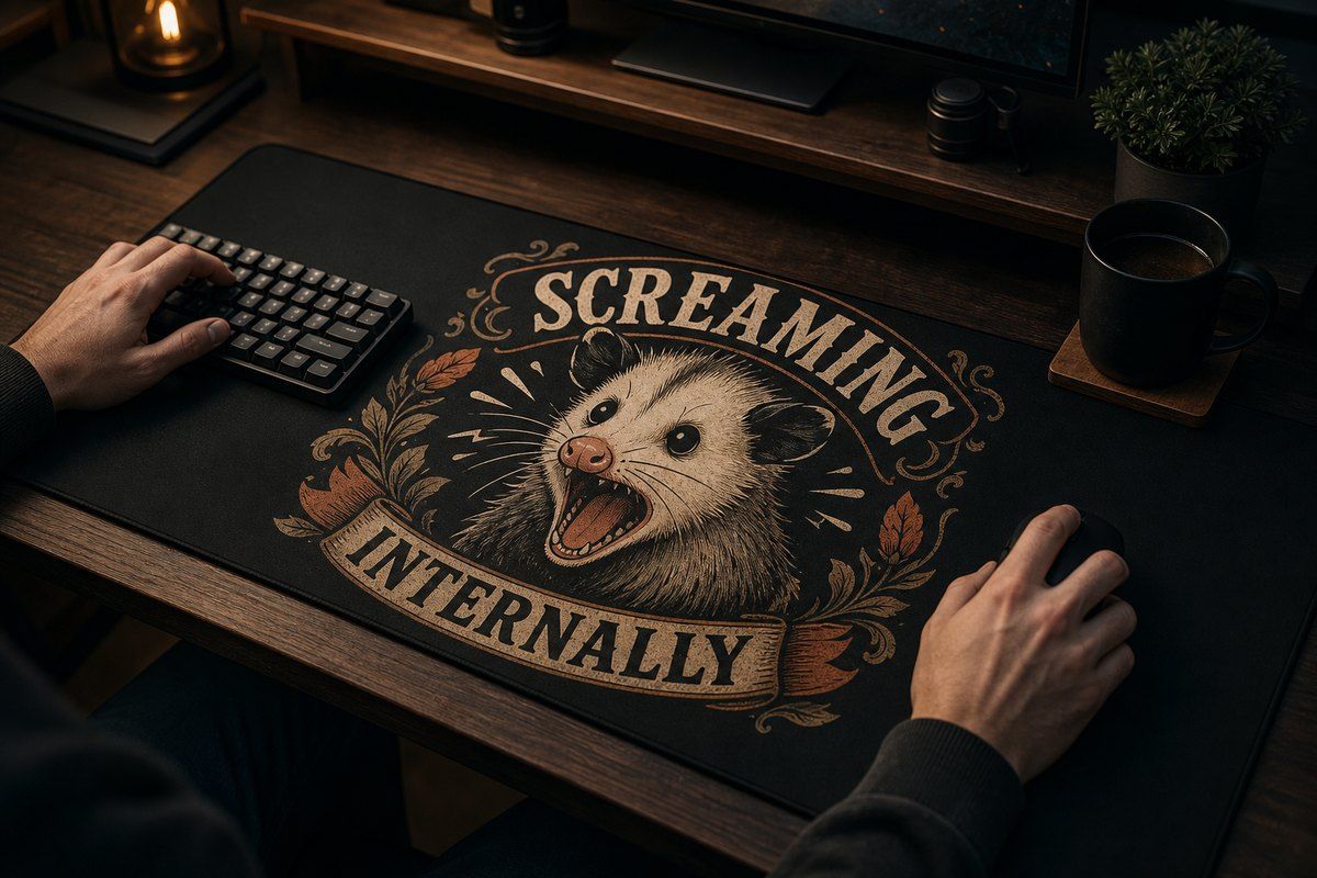 Screaming Internally Opossum Large Desk Mat – Gaming Mouse Pad for Office Setup, graphic art / gift product image 1