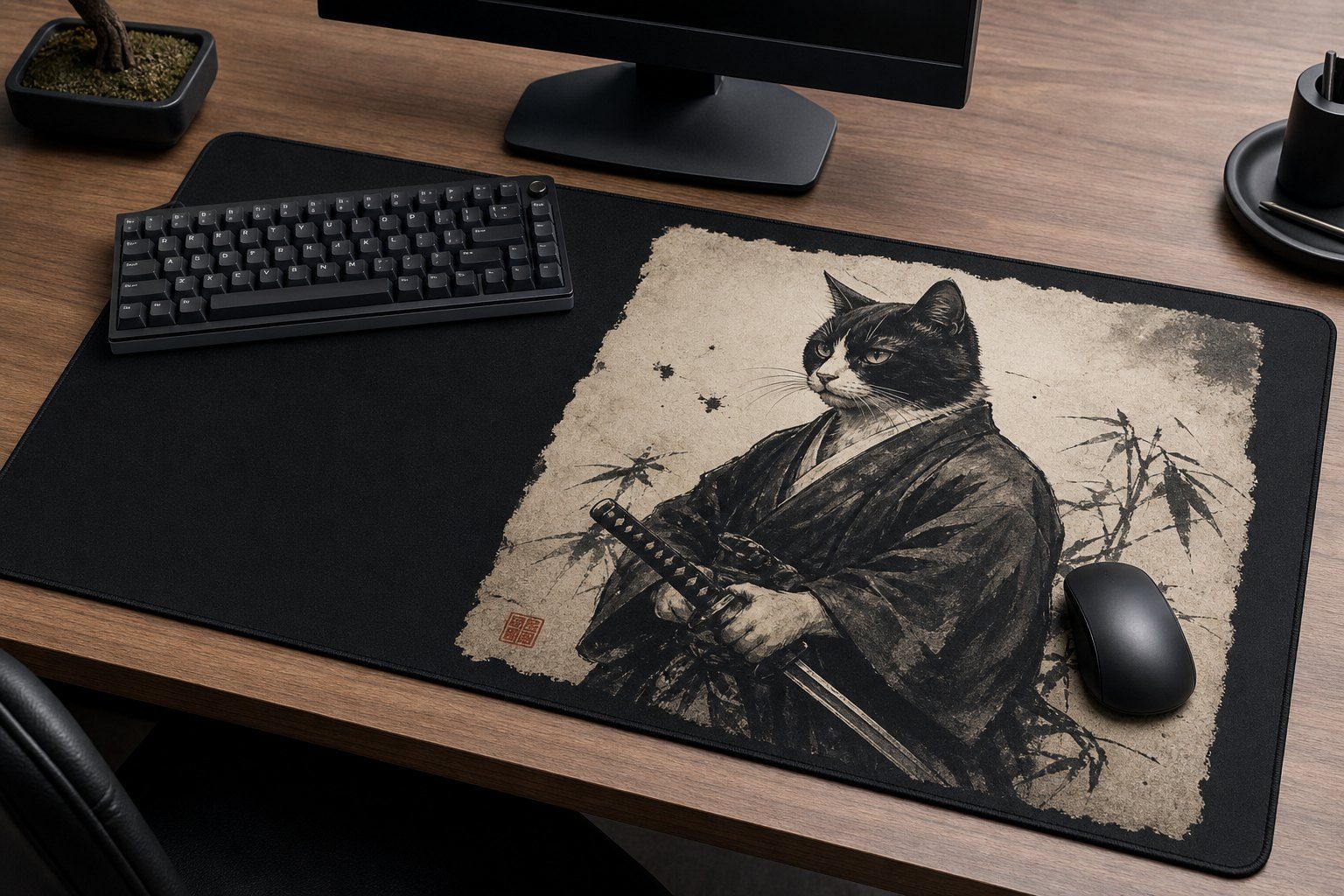 Ronin Cat Sumi Ink Large Desk Mat – Gaming Mouse Pad for Office Setup, cat lover gift / cute animal product image 1